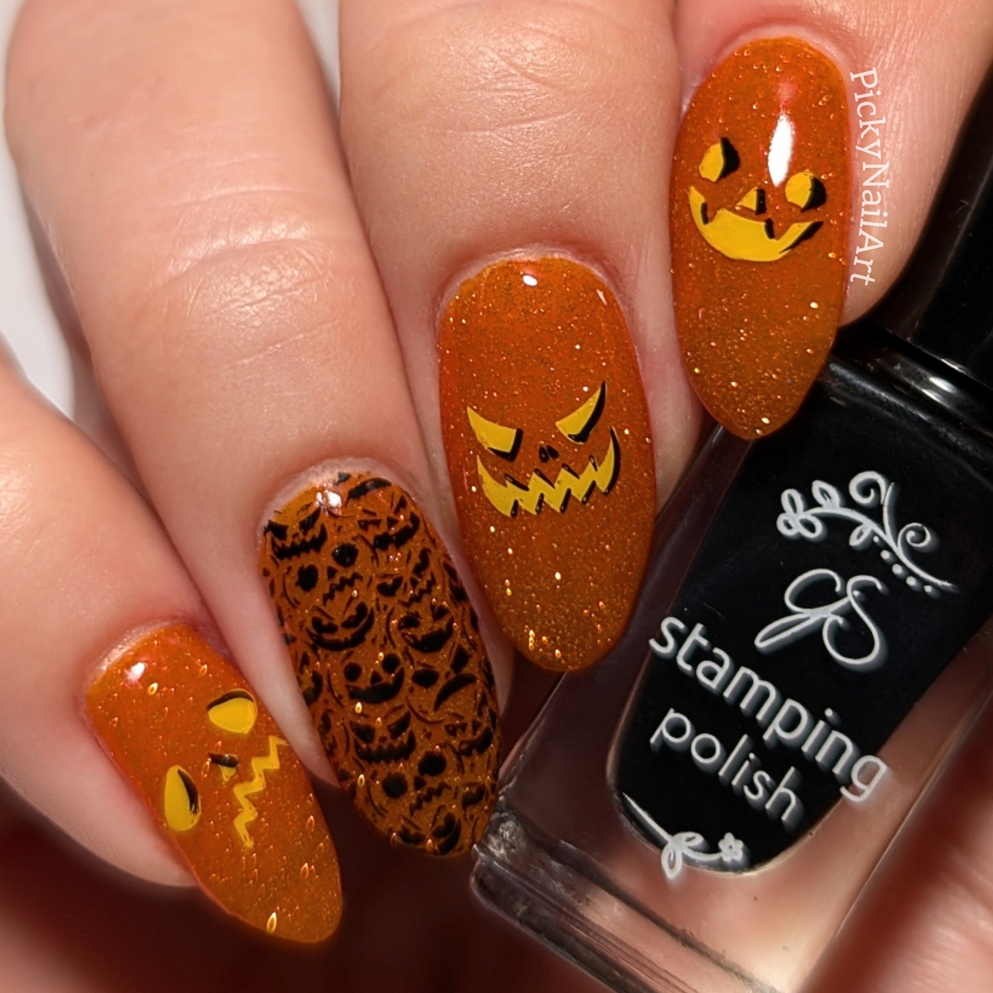 stunning-manicure-with-full-coverage-nail-art-designs-of-pumpkin-faces