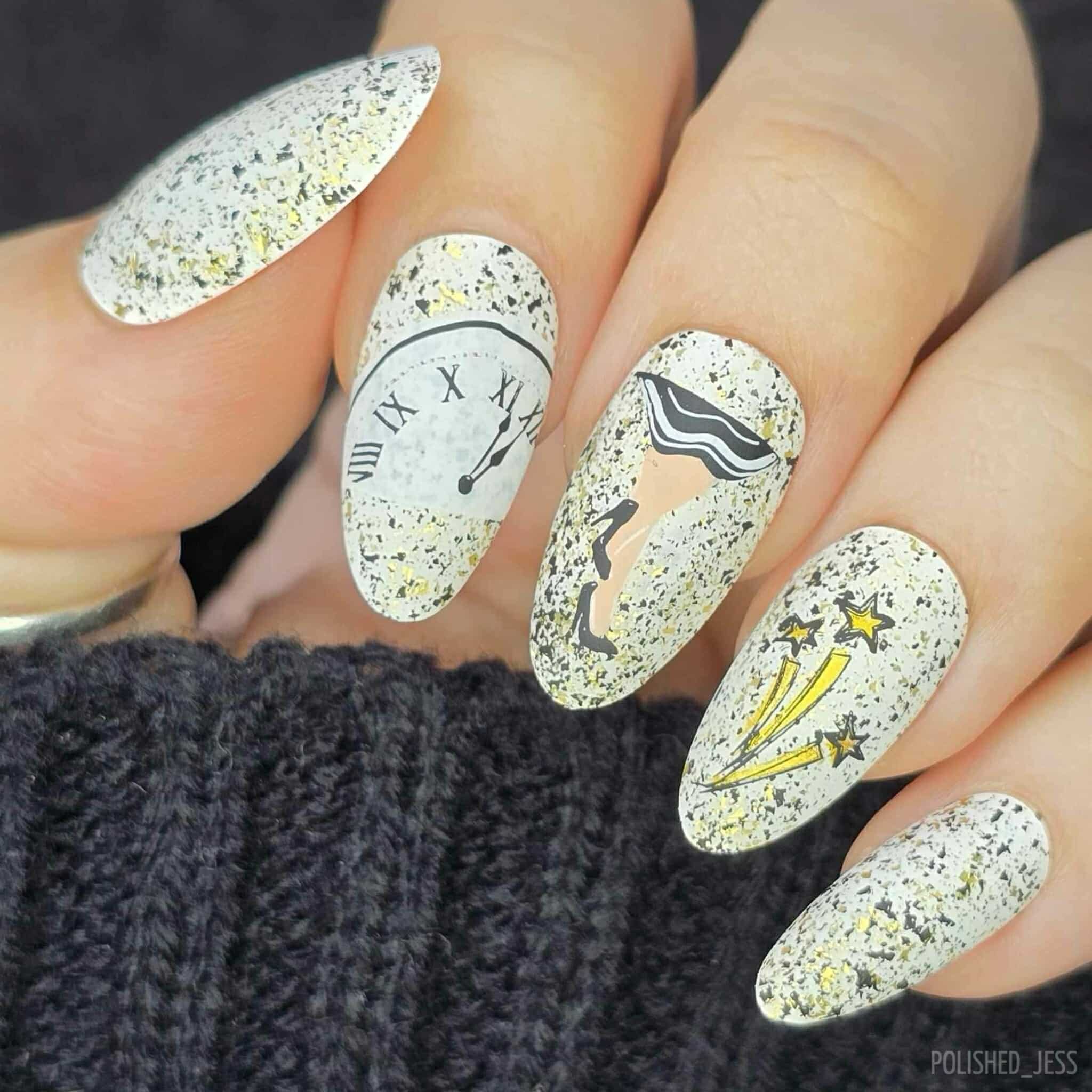 stunning-manicure-with-nail-art-designs-of-a-clock-face-shooting-stars-and-a-girls-high-heels