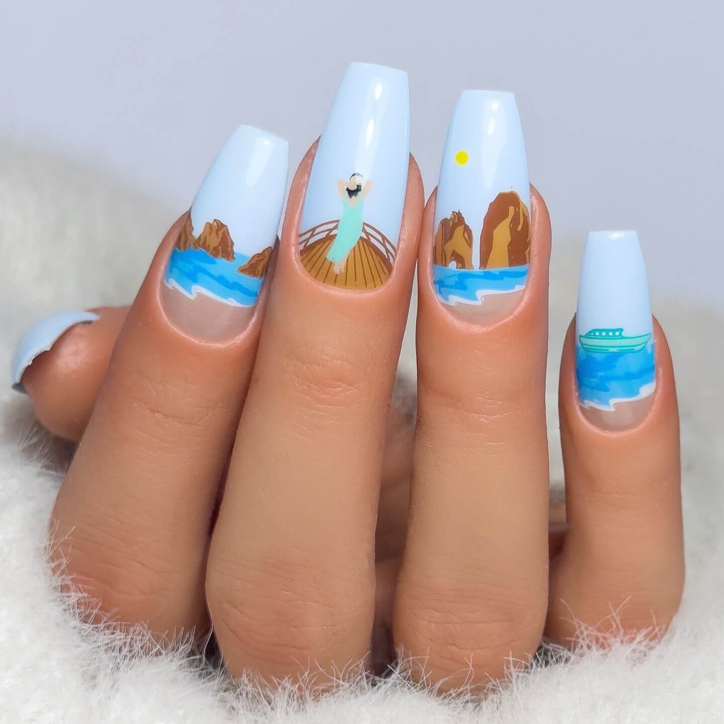 beautiful-manicure-with-lakes-and-mountains-woman-on-boat-and-clear-blue-sky-with-sun