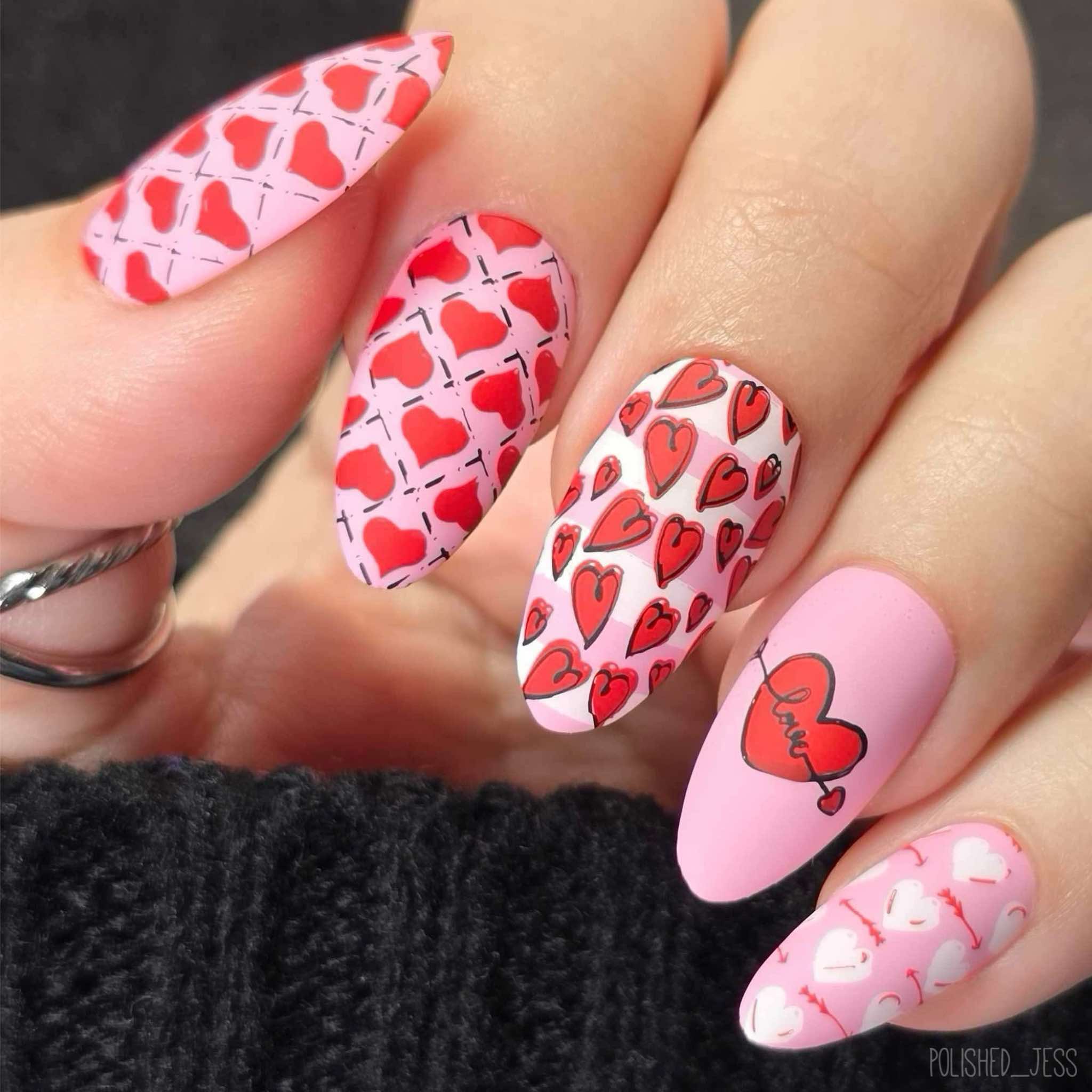 stunning-manicure-with-valentine's-themed-nail-art-of-hearts-and-arrows