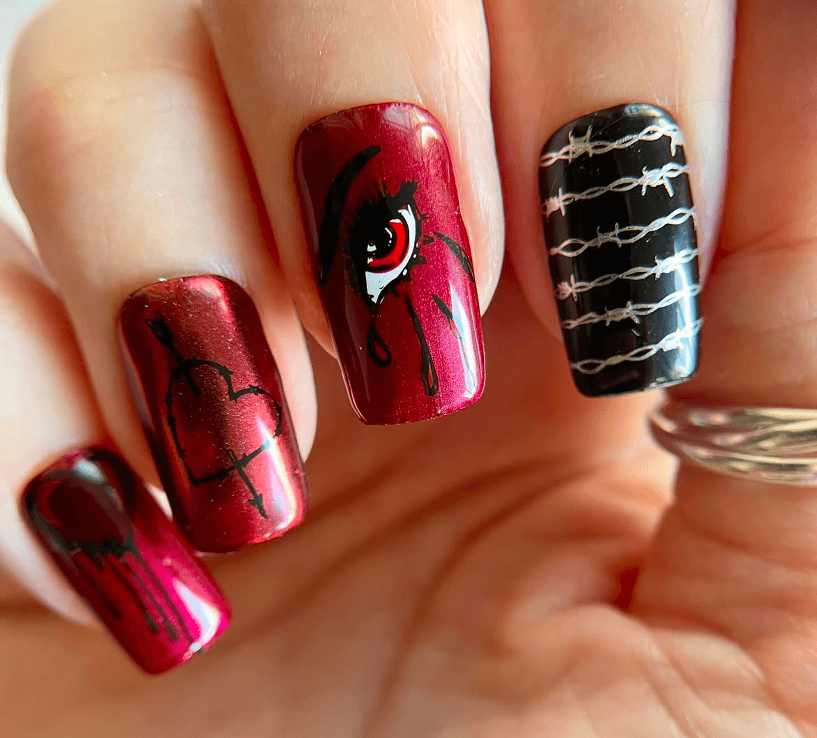 striking-manicure-with-nail-art-designs-of-barbwire-and-blood-dripping-heart