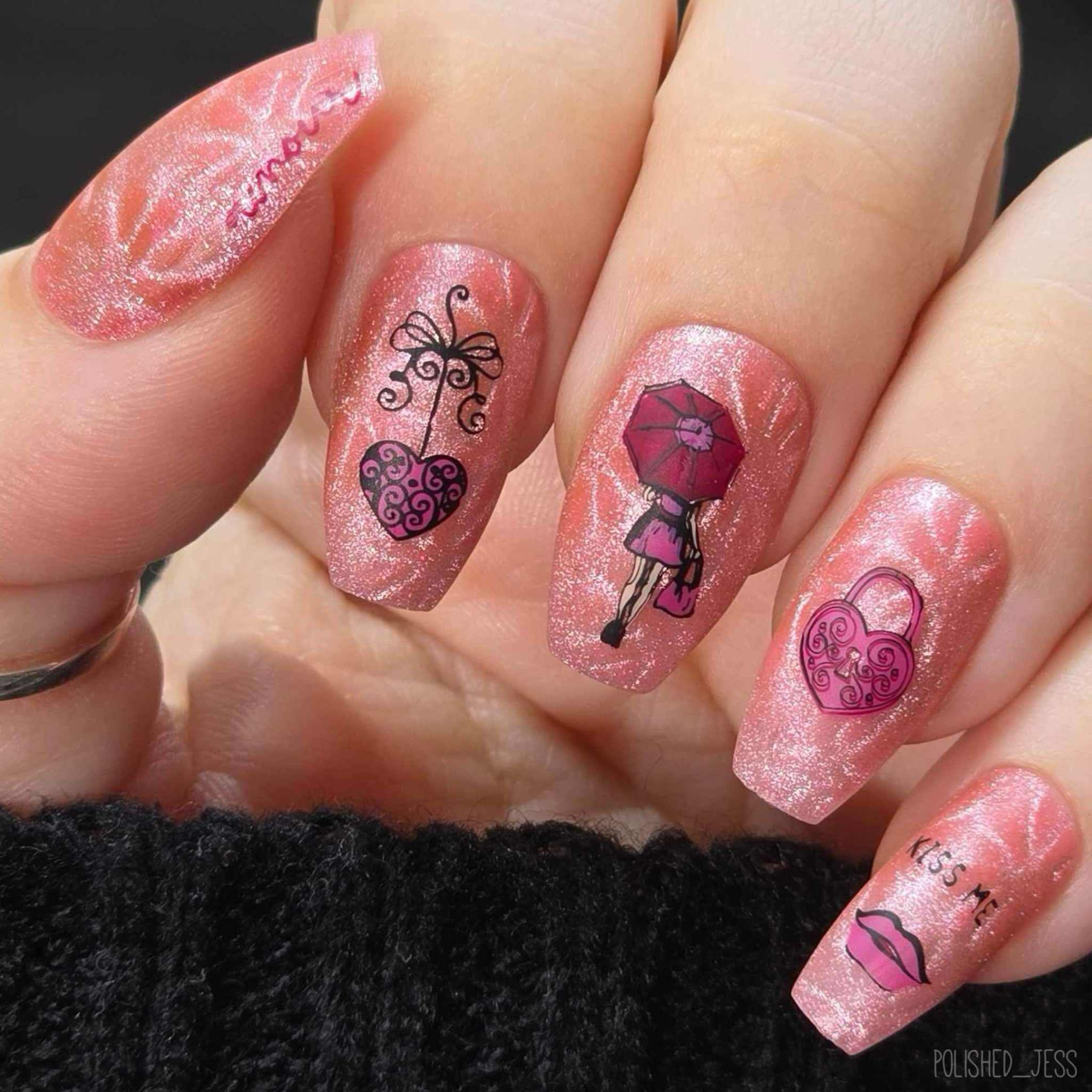 stunning-shimmery-manicure-with-nail-art-designs-of-a-girl-with-an-umbrella-heart-lock-and-words-kiss-me