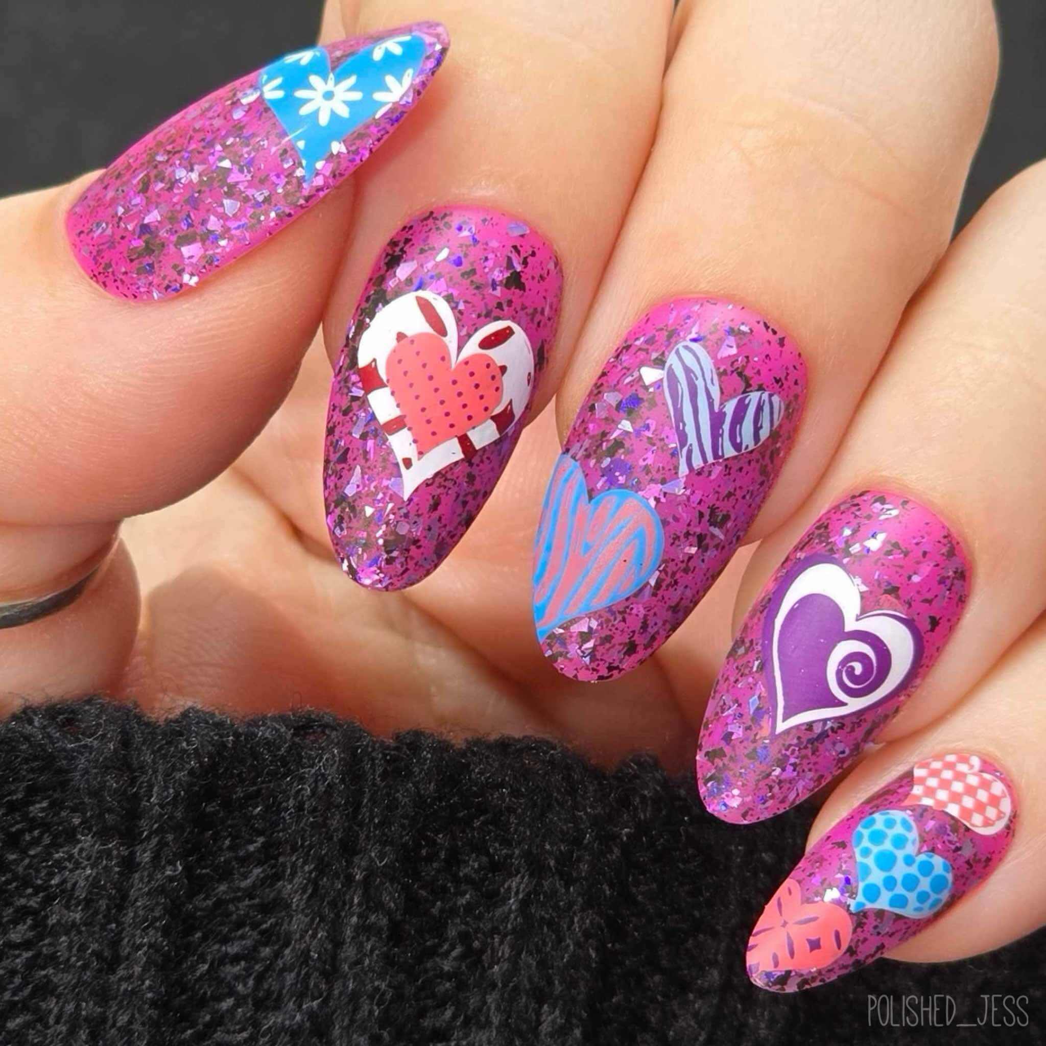 bright-manicure-showing-nail-art-designs-of-patchwork-hearts