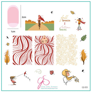 layered-nail-art-stamping-plate-inspo-card-with-colorful-leaves-girl-riding-a-bike-kite-flying-and-words-for-nail-art