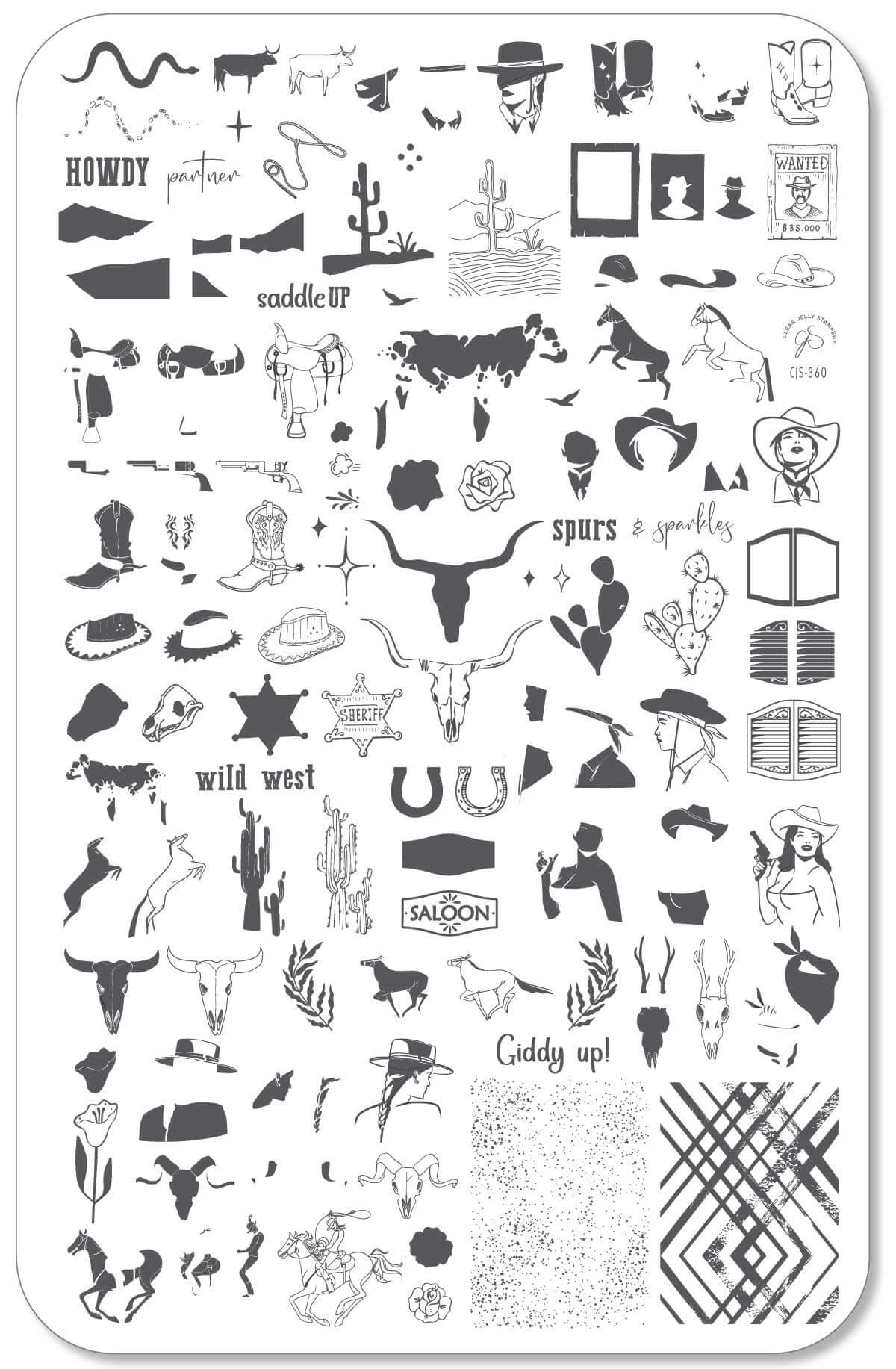 layered-nail-art-stamping-plate-with-black-and-white-images-of-horns-horses-cowboys-cows-lassos-and-words-for-nail-art