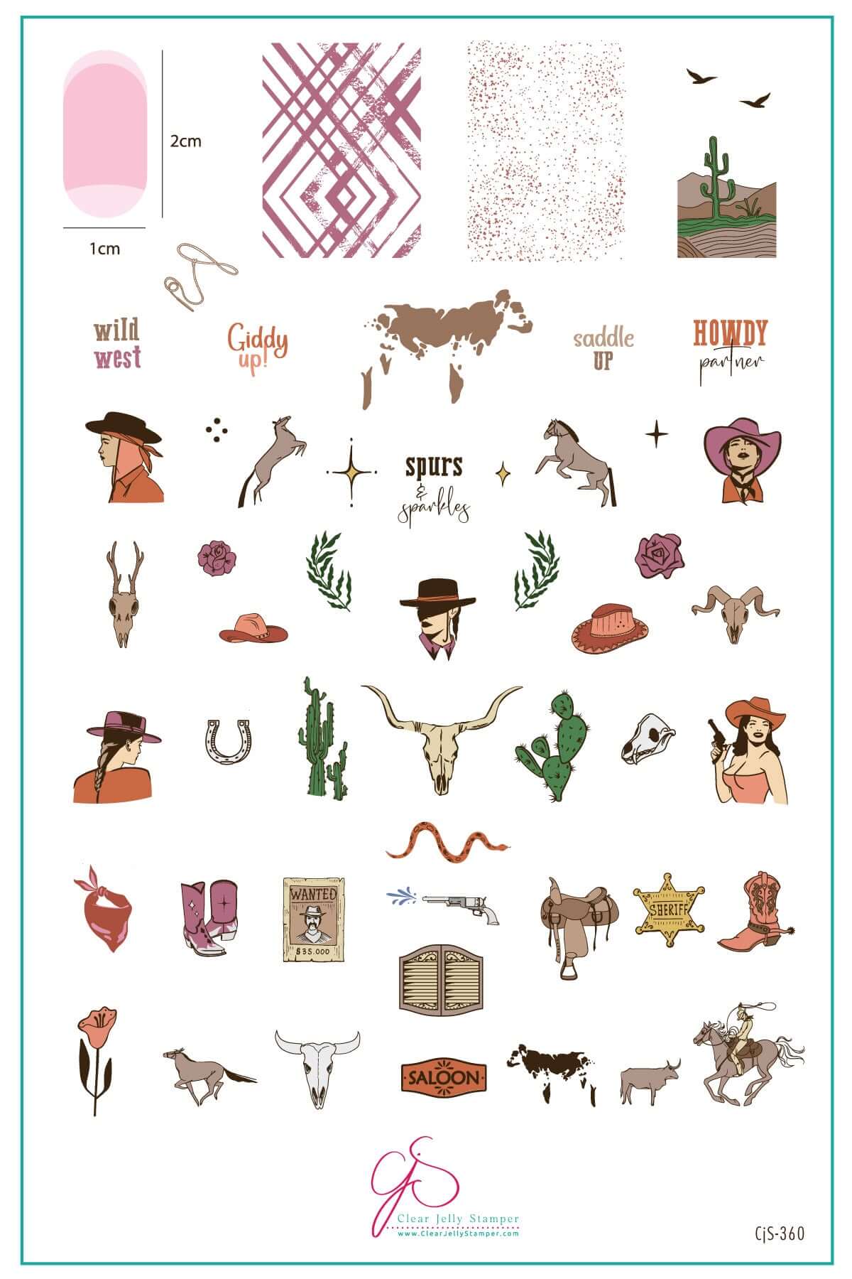 layered-nail-art-stamping-plate-inspo-card-with-colorful-cactus-cowboy-hats-cows-horses-sheriff-badge-horns-and-words-for-nail-art