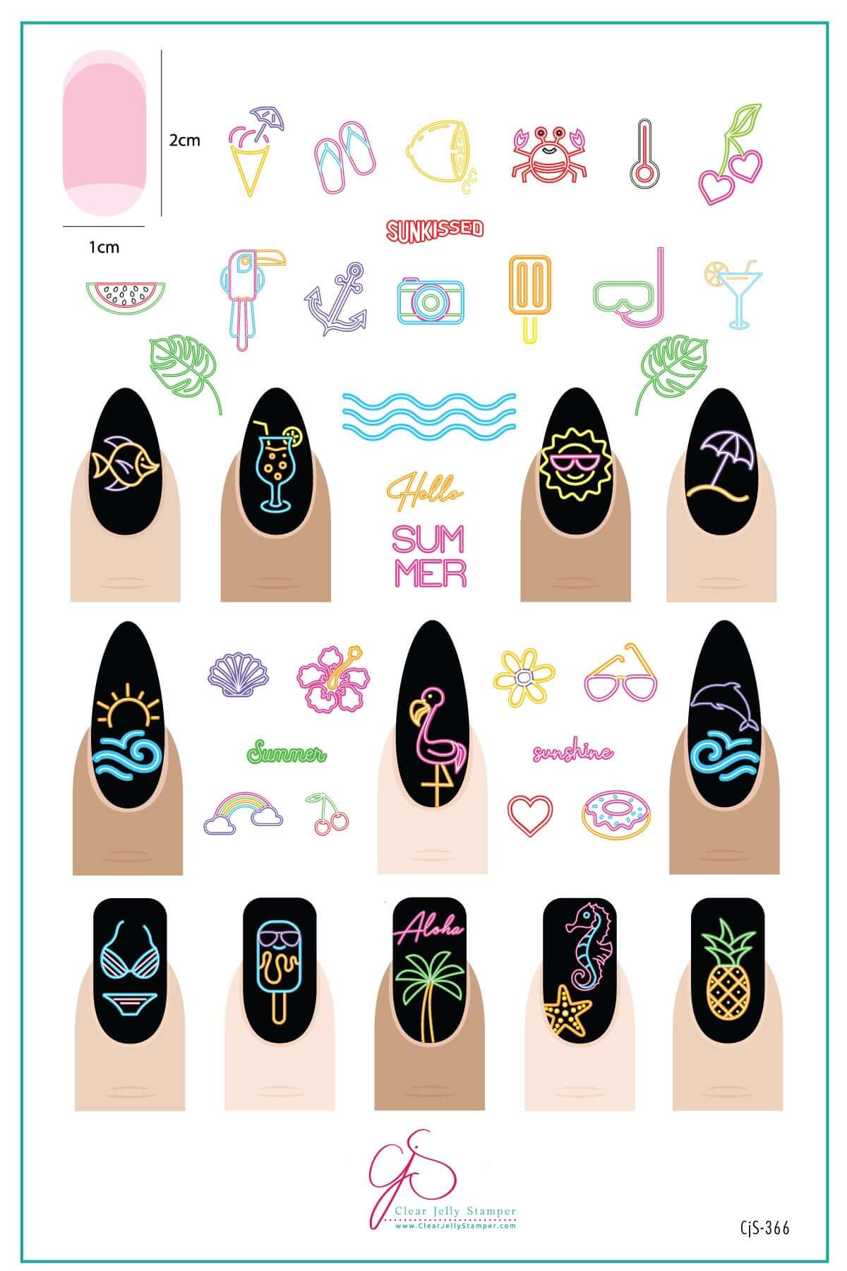 layered-nail-art-stamping-plate-inspo-card-with-colorful-neon-flamingos-dolphins-cocktails-flip-flops-camera-and-words-for-nail-art