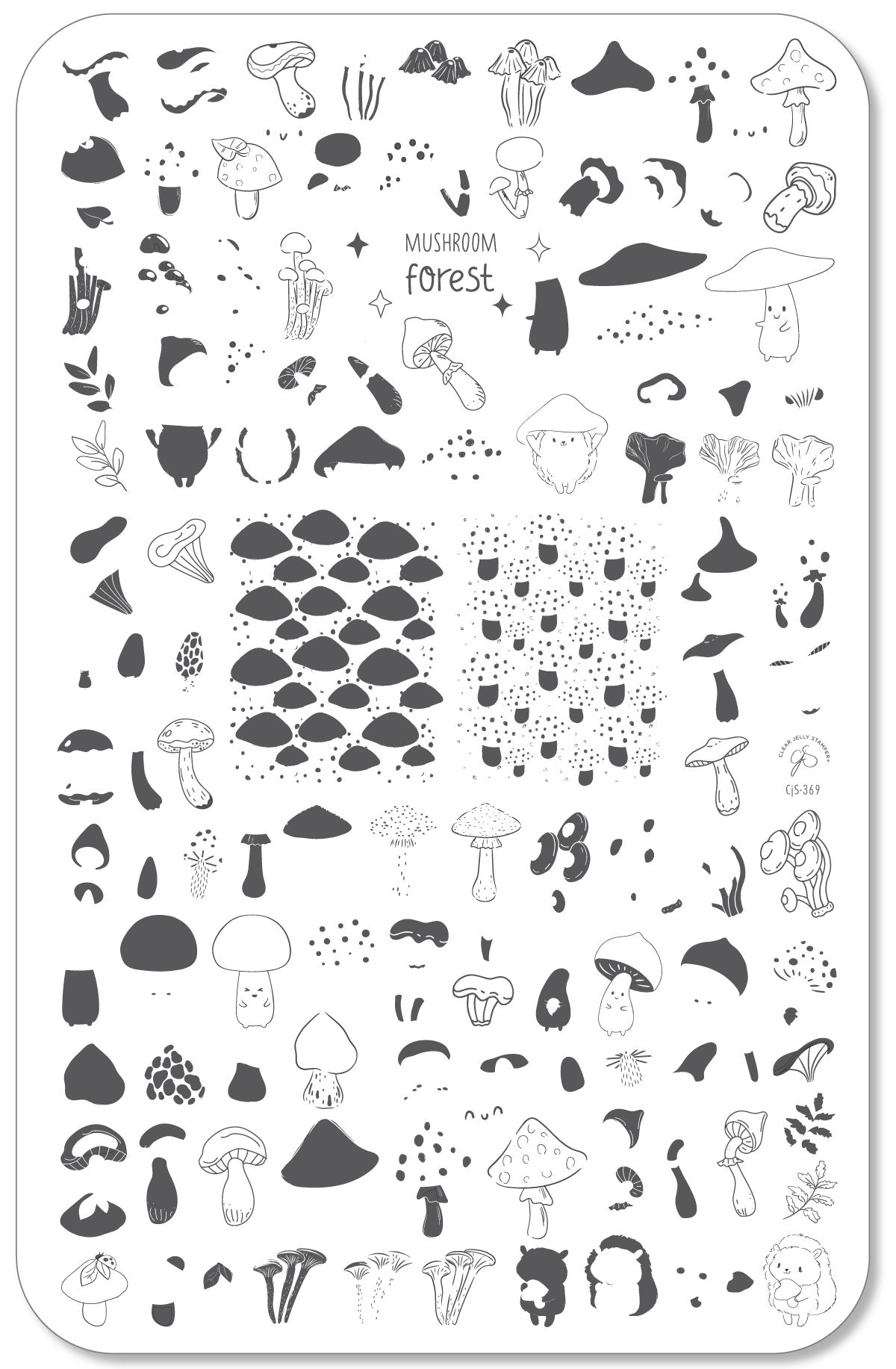 layered-nail-art-stamping-plate-with-black-and-white-mushrooms-and-forest-animals-and-words-for-nail-art