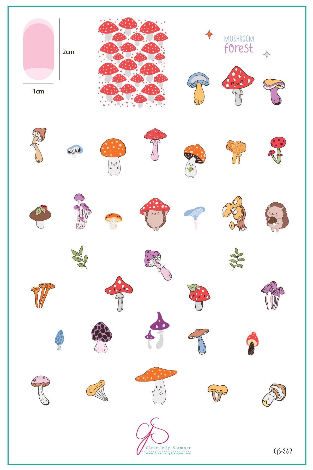 layered-nail-art-stamping-plate-inspo-card-with-colorful-mushrooms-forest-animals-full-coverage-mushrooms-and-words-for-nail-art