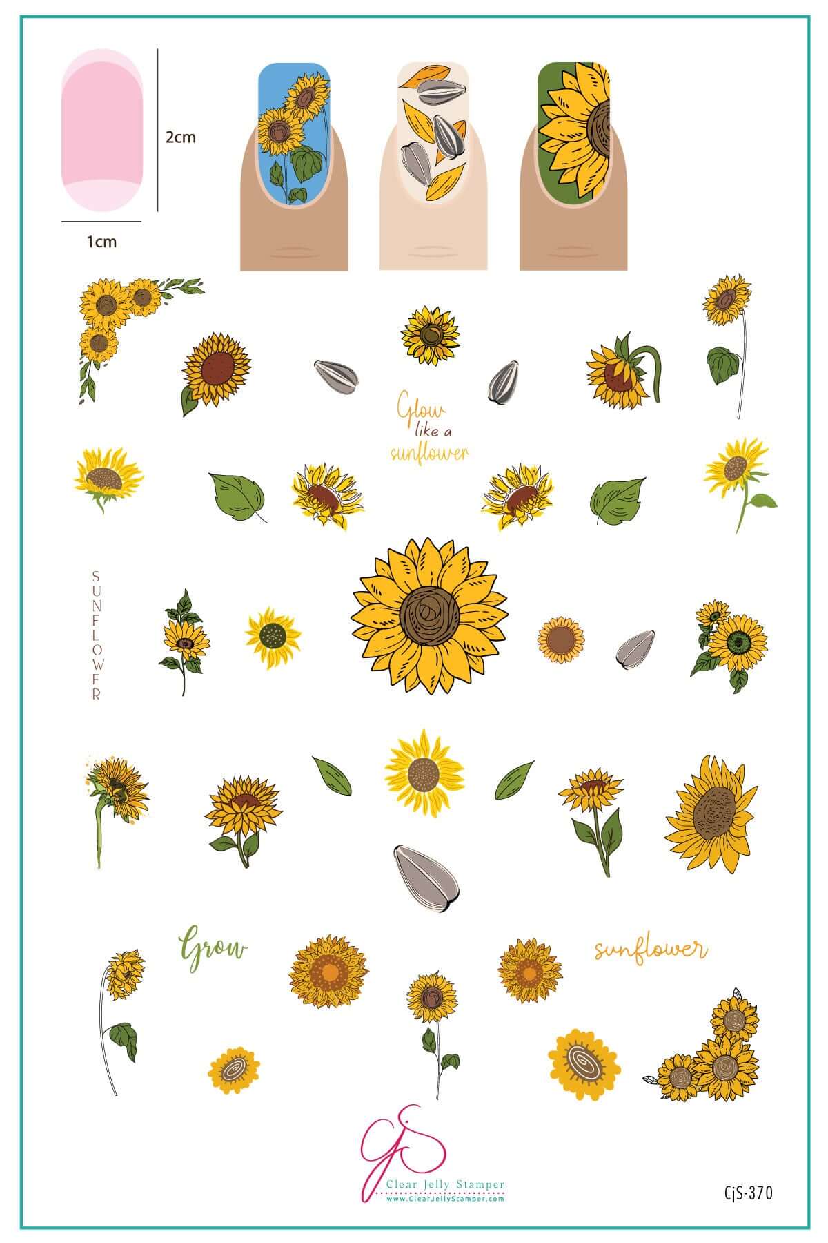 layered-nail-art-stamping-plate-inspo-card-with-colorful-designs-of-sunflowers-sunflower-seeds-and-words-for-nail-art