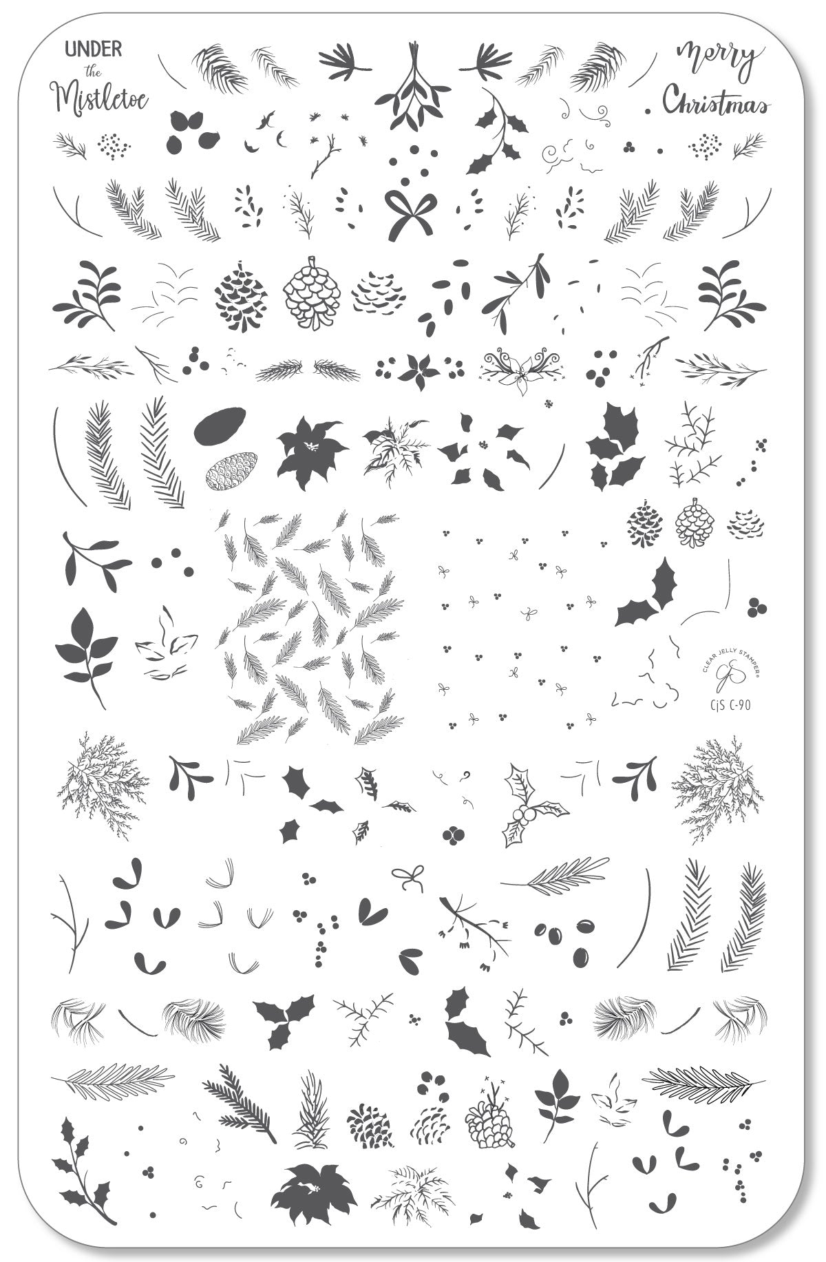 clear-jelly-stamper-layered-nail-art-stamping-plate-wth-designs-of-mistletoe-holly-leaves-winter-foliage-and-words-for-nail-art