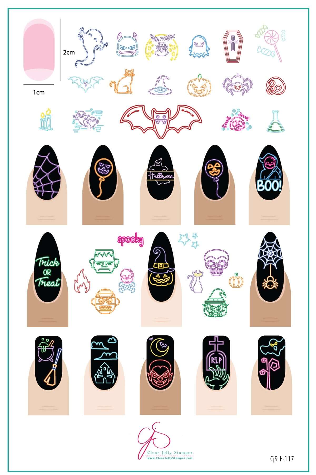 layered-nail-art-stamping-plate-inspo-card-with-colorful-designs-of-bats-pumpkins-siders-frankenstein-and-words-for-nail-art