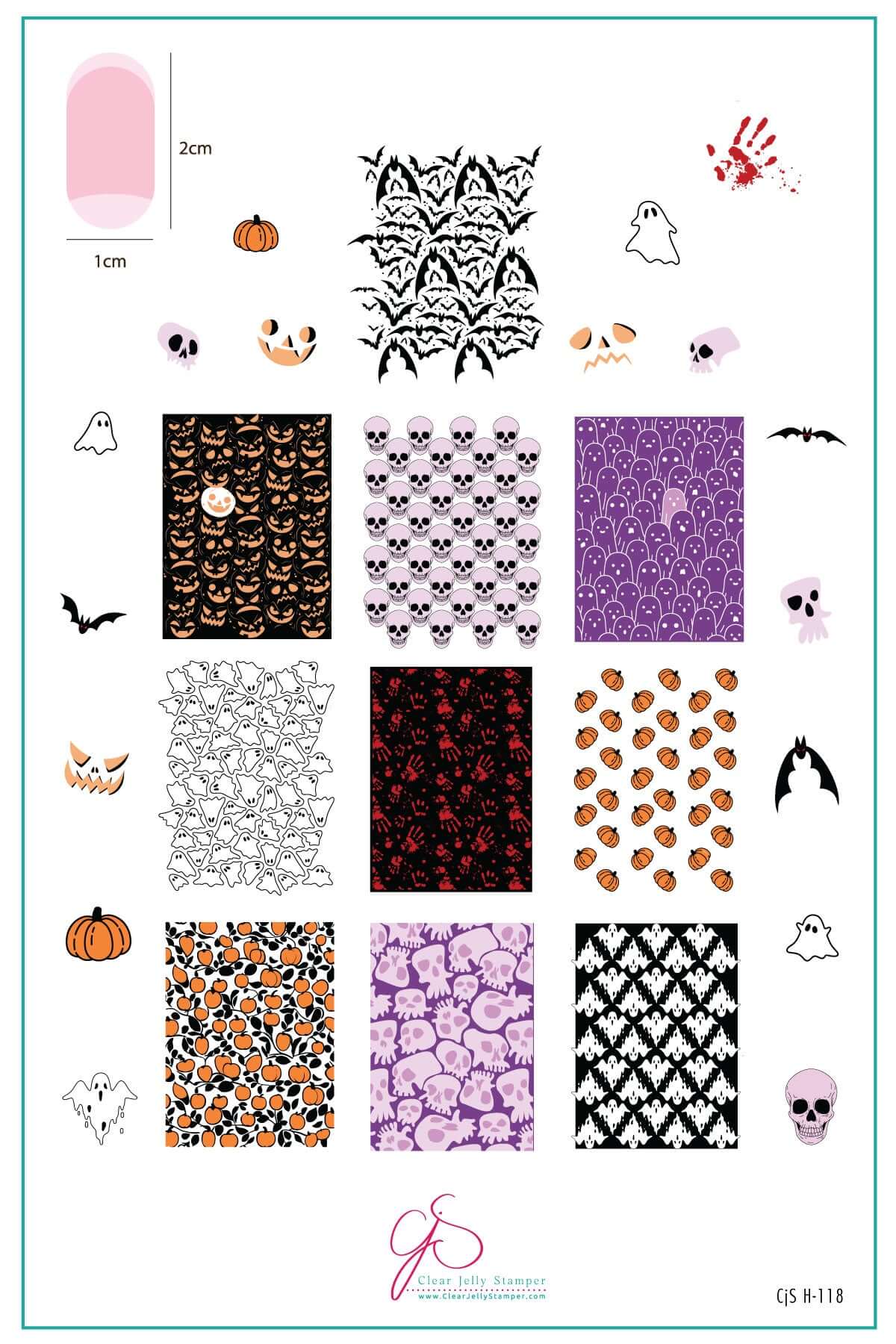 layered-nail-art-stamping-plate-inspo-card-with-colorful-designs-of-ghosts-bats-pumpkins-and-blood-hand-prints