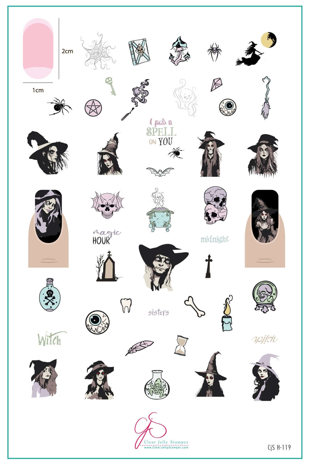 layered-nail-art-stamping-plate-inspo-card-with-colorful-halloween-designs-of-witches-potions-bats-and-words-for-nail-art