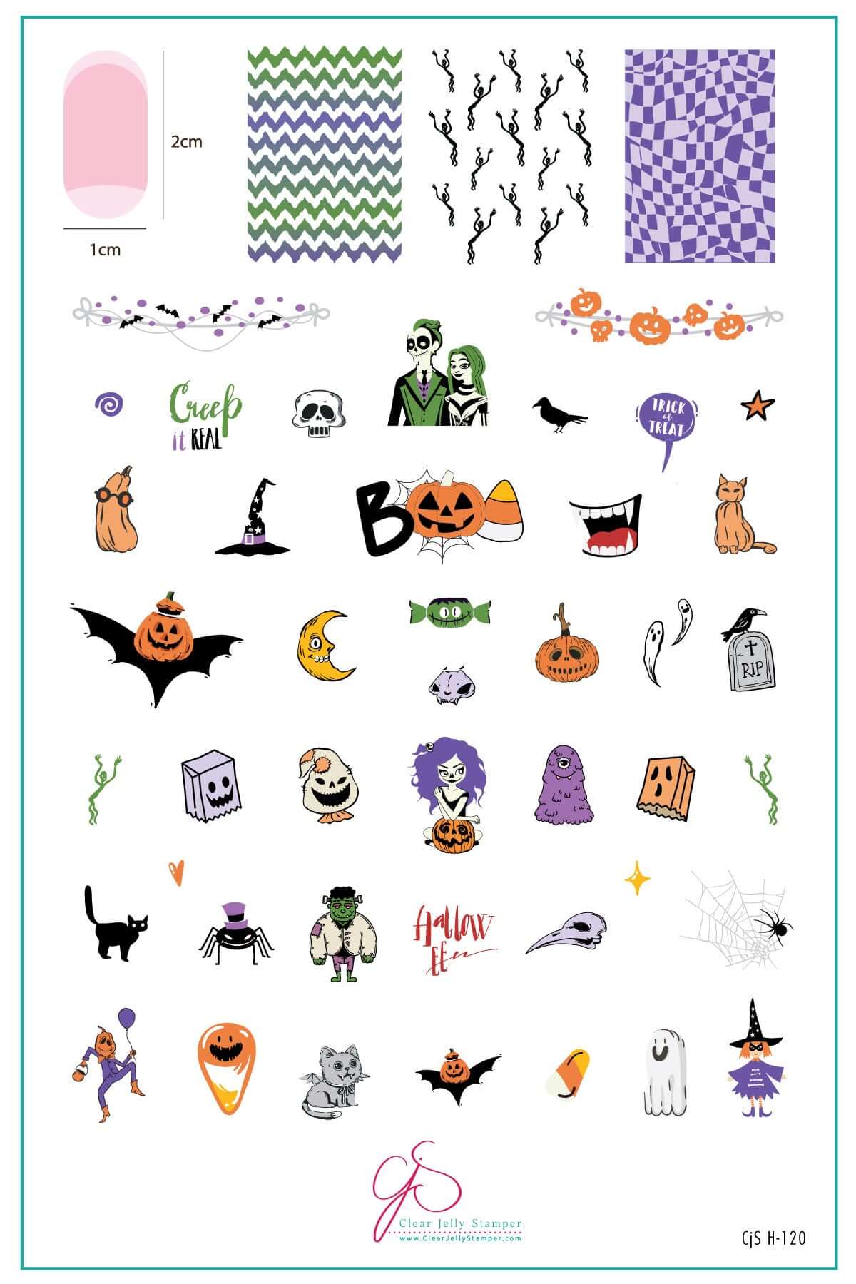 layered-nail-art-stamping-plate-inspo-card-with-colorful-designs-of-pumpkins-bats-witches-and-words-for-nail-art