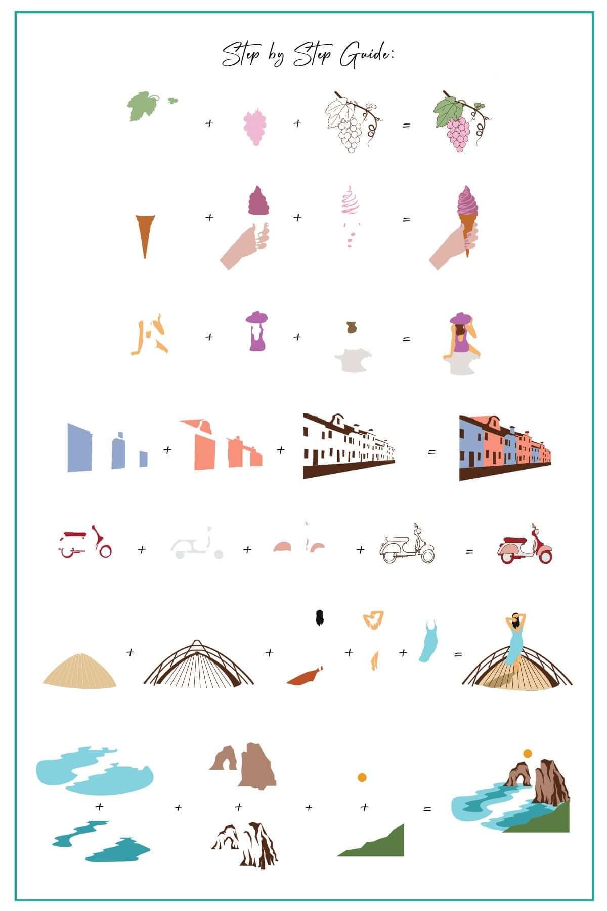 layered-nail-art-stamping-plate-how-to-card-with-colorful-gelato-woman-scooter-boat-mountains-and-words-for-nail-art