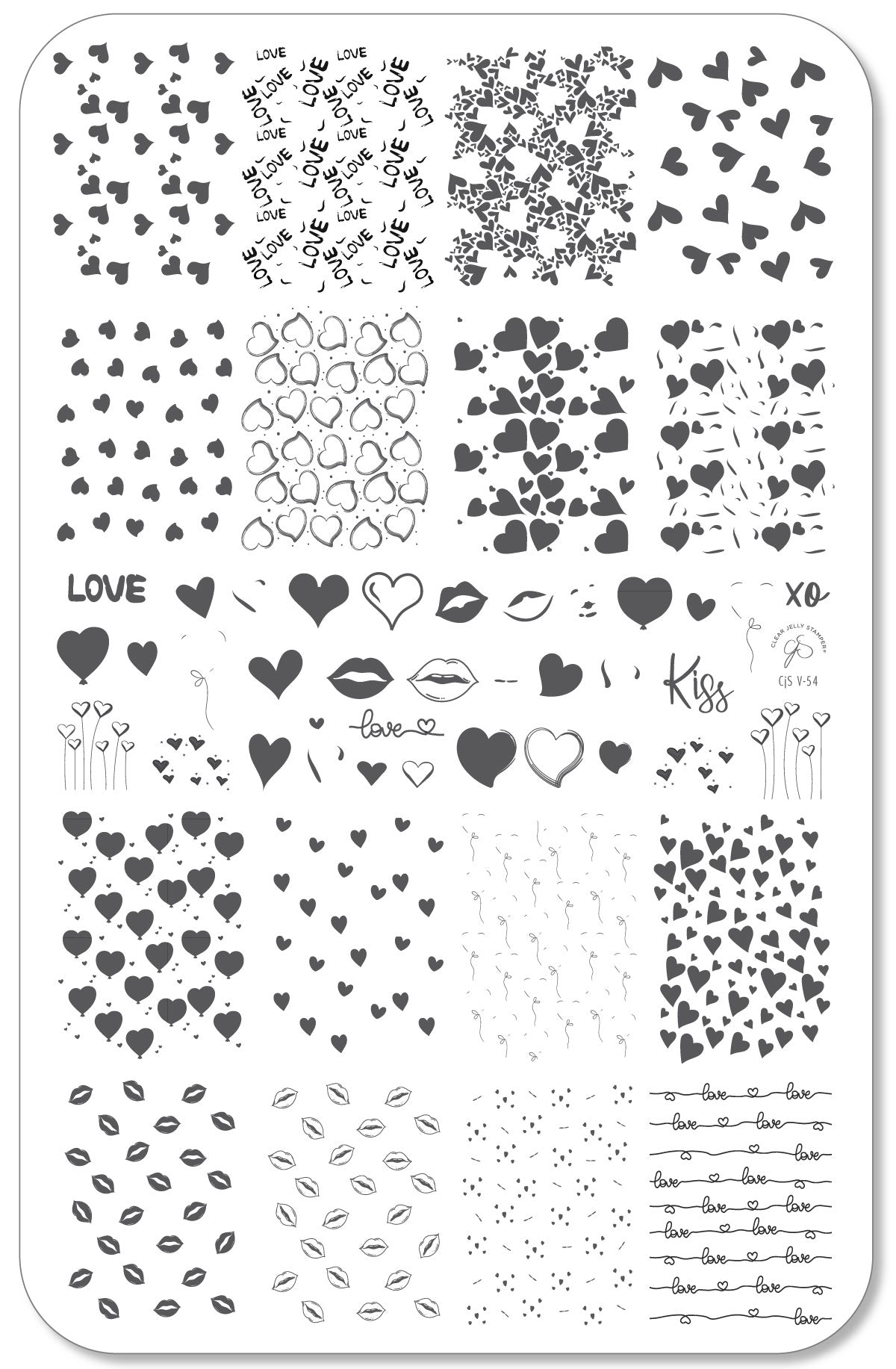 layered-nail-art-stamping-plate-showing-designs-of-hearts-lips-heart-balloons-and-words-for-nail-art