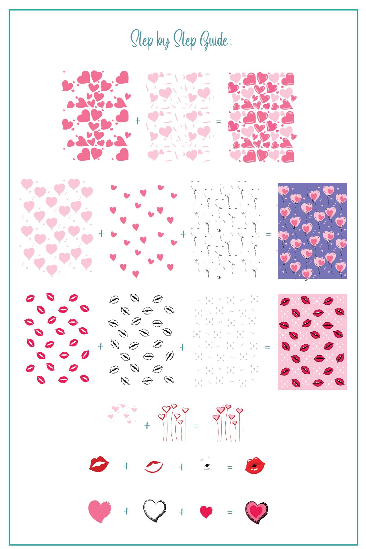 layered-nail-art-stamping-plate-how-to-card-showing-colorful-designs-of-hearts-lips-heart-balloons-and-words-for-nail-art