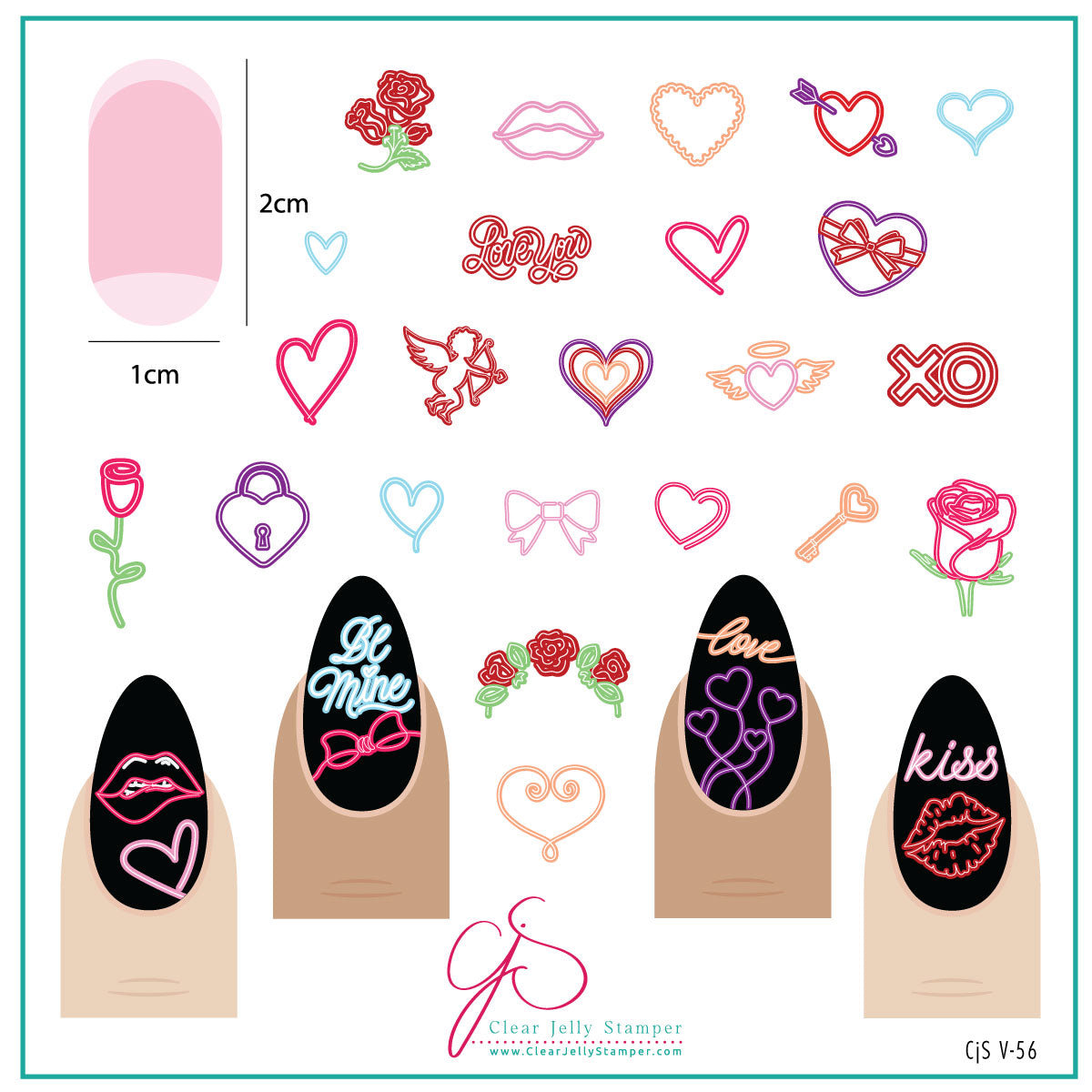 layered-nail-art-stamping-plate-inspo-card-showing-colorful-designs-of-neon-retro-signs-of-hearts-lips-roses-and-words-for-nail-art