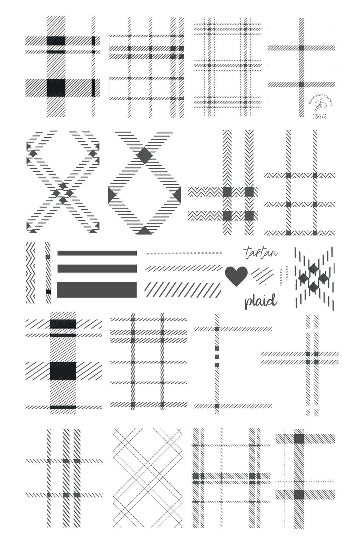 layered-nail-art-stamping-plate-showing-images-of-plaid-patterns-tartan-and-a-heart-and-words-for-nail-art