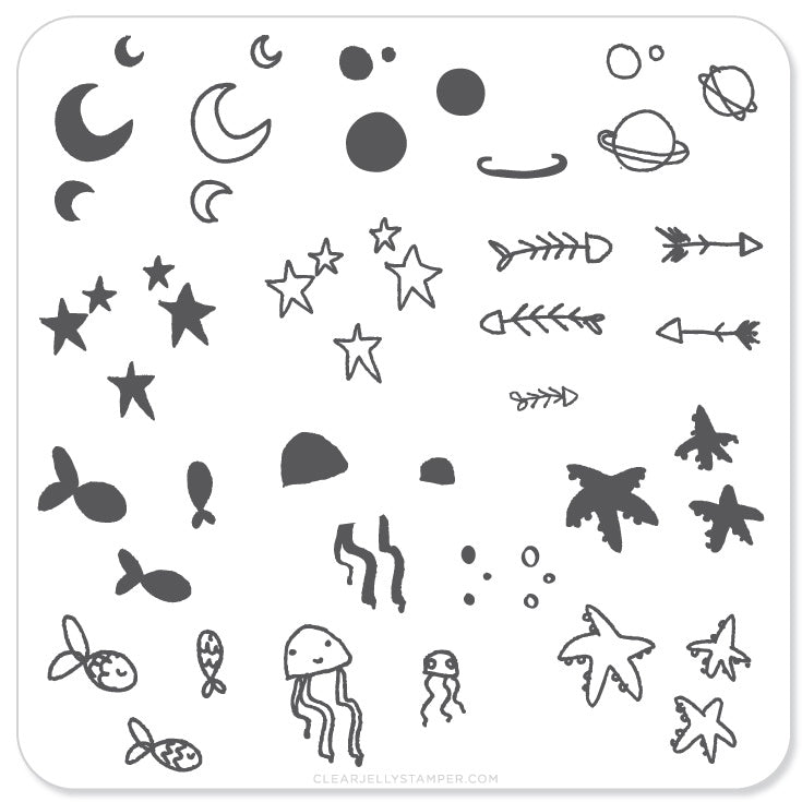 Sea and Stars Doodle (CjS-19) - Steel Nail Art Stamping Plate 6x6 Clear Jelly Stamper 