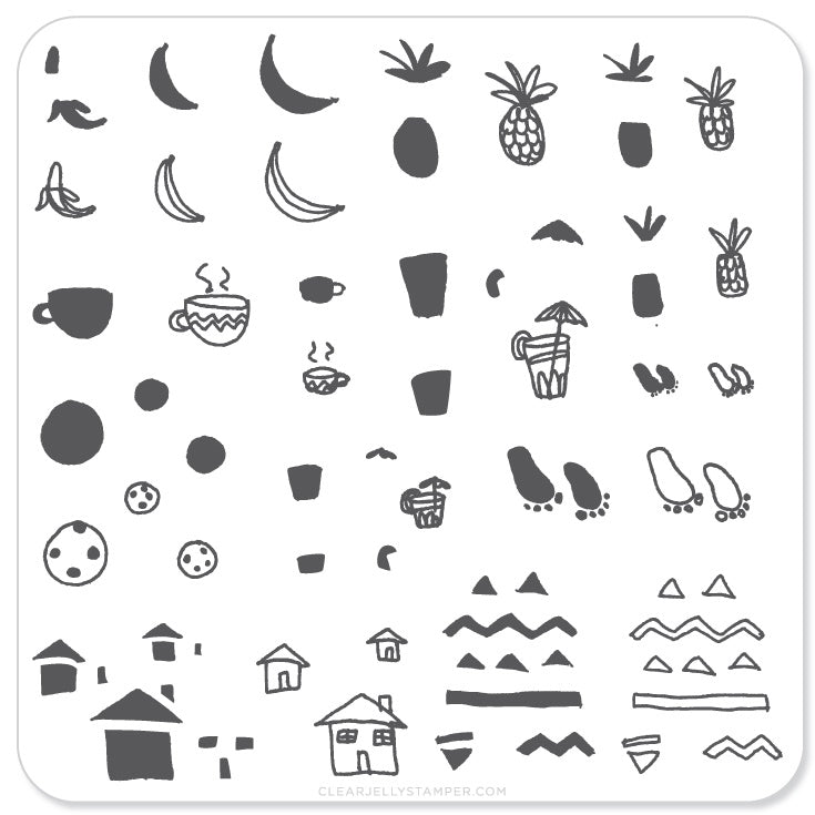 Summer Drinks and Fruit Doodle (CjS-20) - Steel Nail Art Stamping Plate 6x6 Clear Jelly Stamper 