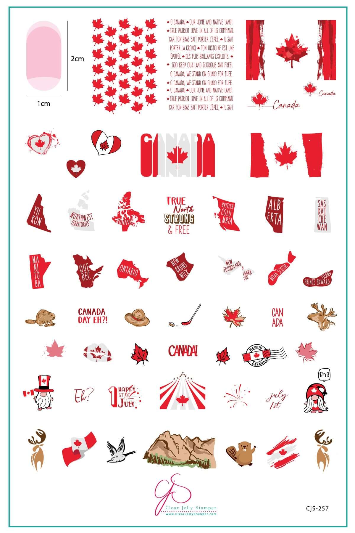 layered-nail-art-stamping-plate-inspo-card-with-colorful-canada-designs-maple-leaves-moose-beaver-provinces-and-words-for-nail-art