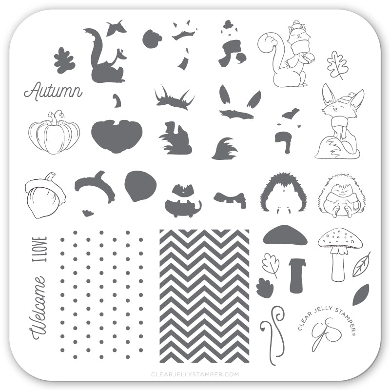 Foxy Fall (CjS-136) Steel Nail Art Stamping Plate 6x6 Clear Jelly Stamper 