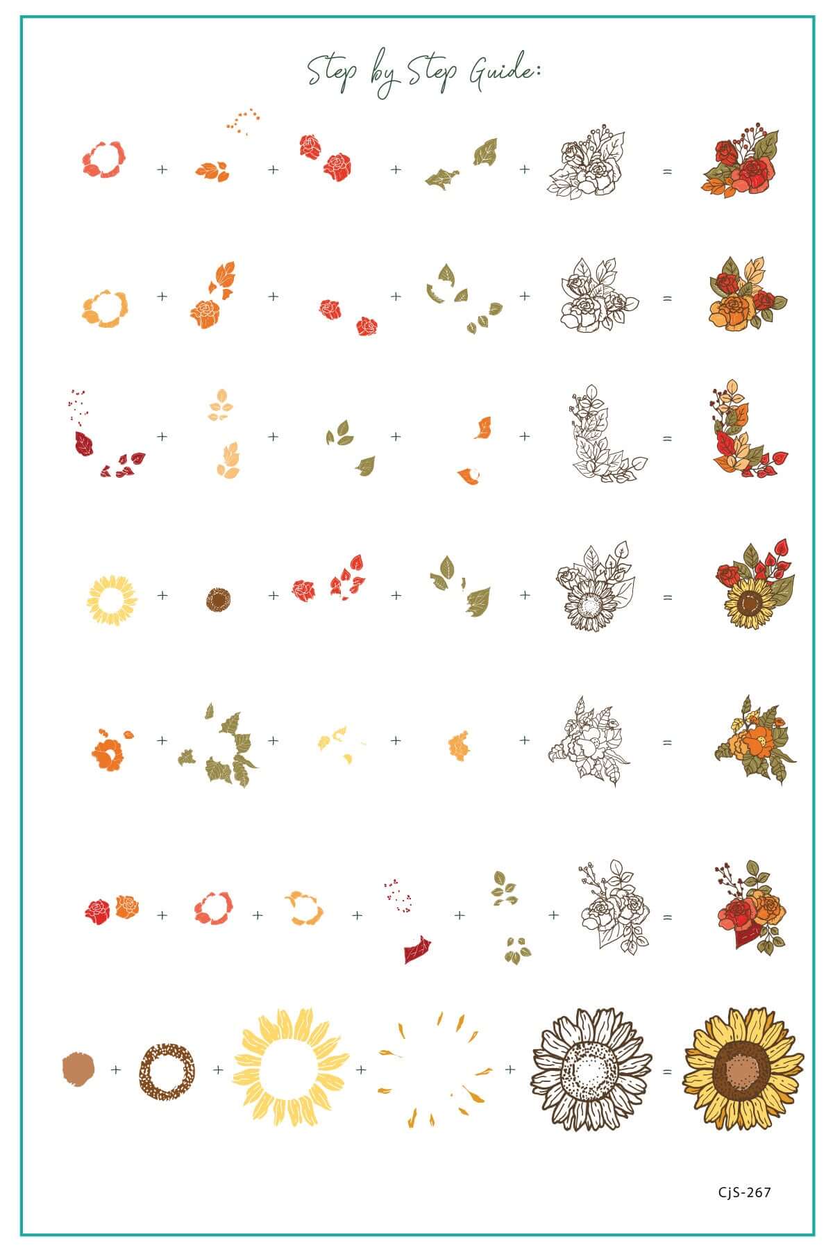 layered-nail-art-stamping-plate-how-to-card-with-colorful-designs-of-sunflowers-and-autumn-leaves