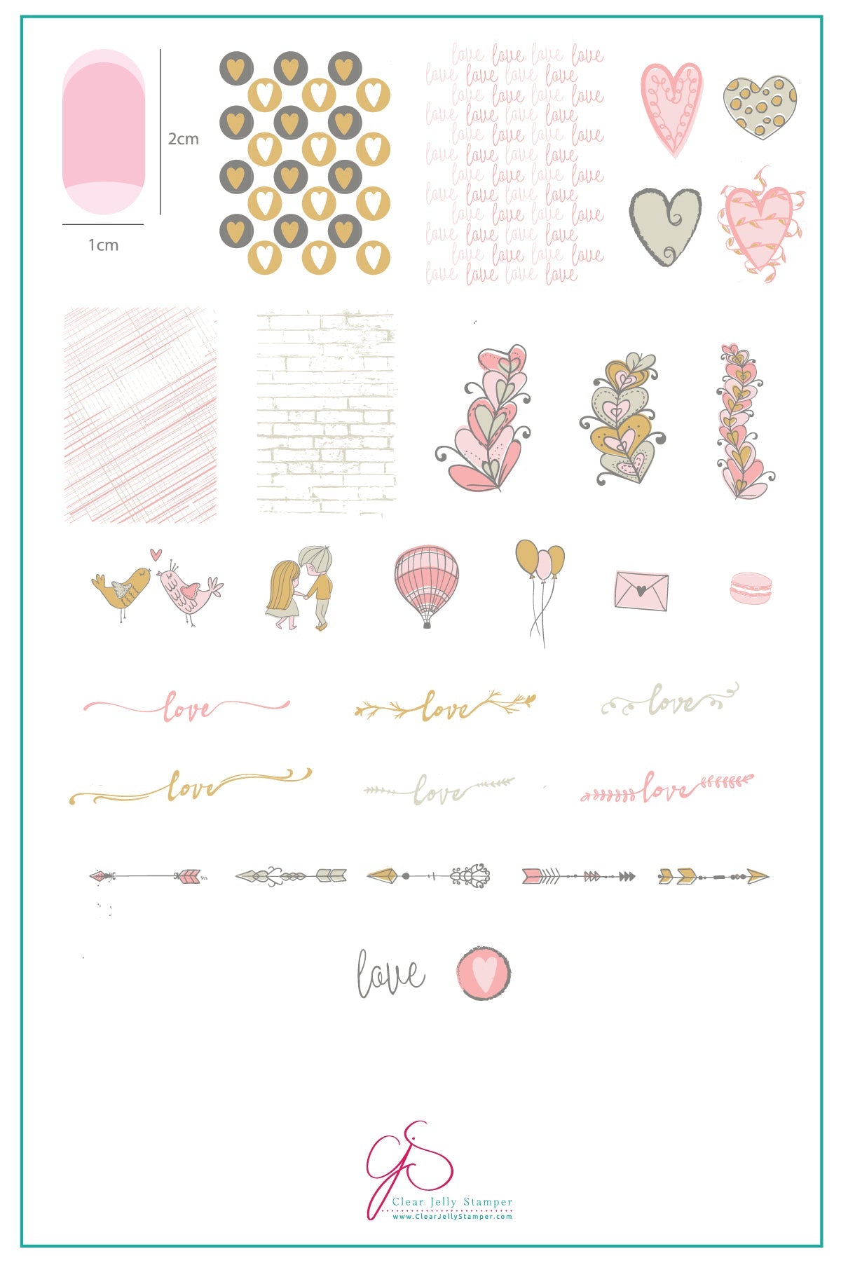 layered-nail-art-stamping-plate-inspo-card-showing-cute-colorful-designs-of-hearts-arrows-love-letter-balloons-and-words-for-nail-art