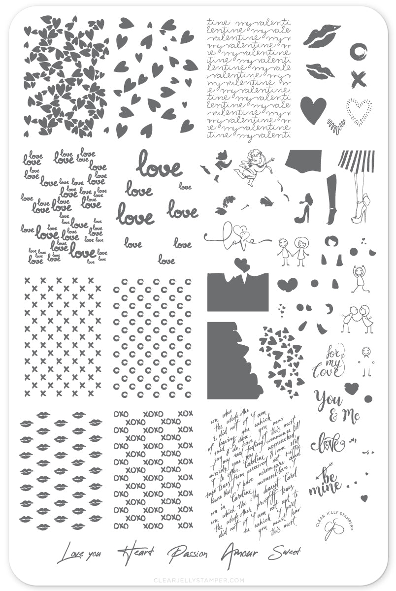 layered-nail-art-stamping-plate-showing-colorful-designs-of-hearts-chrubs-cartoon-couples-and-words-for-nail-art