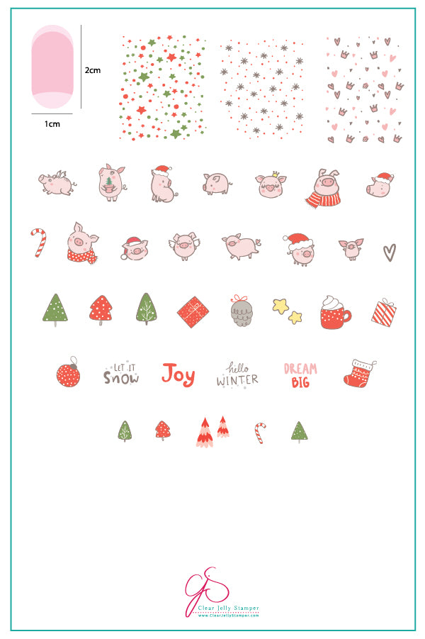 Piggy Christmas (CjS C-50) Steel Nail Art Stamping Plate 14 x 9 Clear Jelly Stamper 