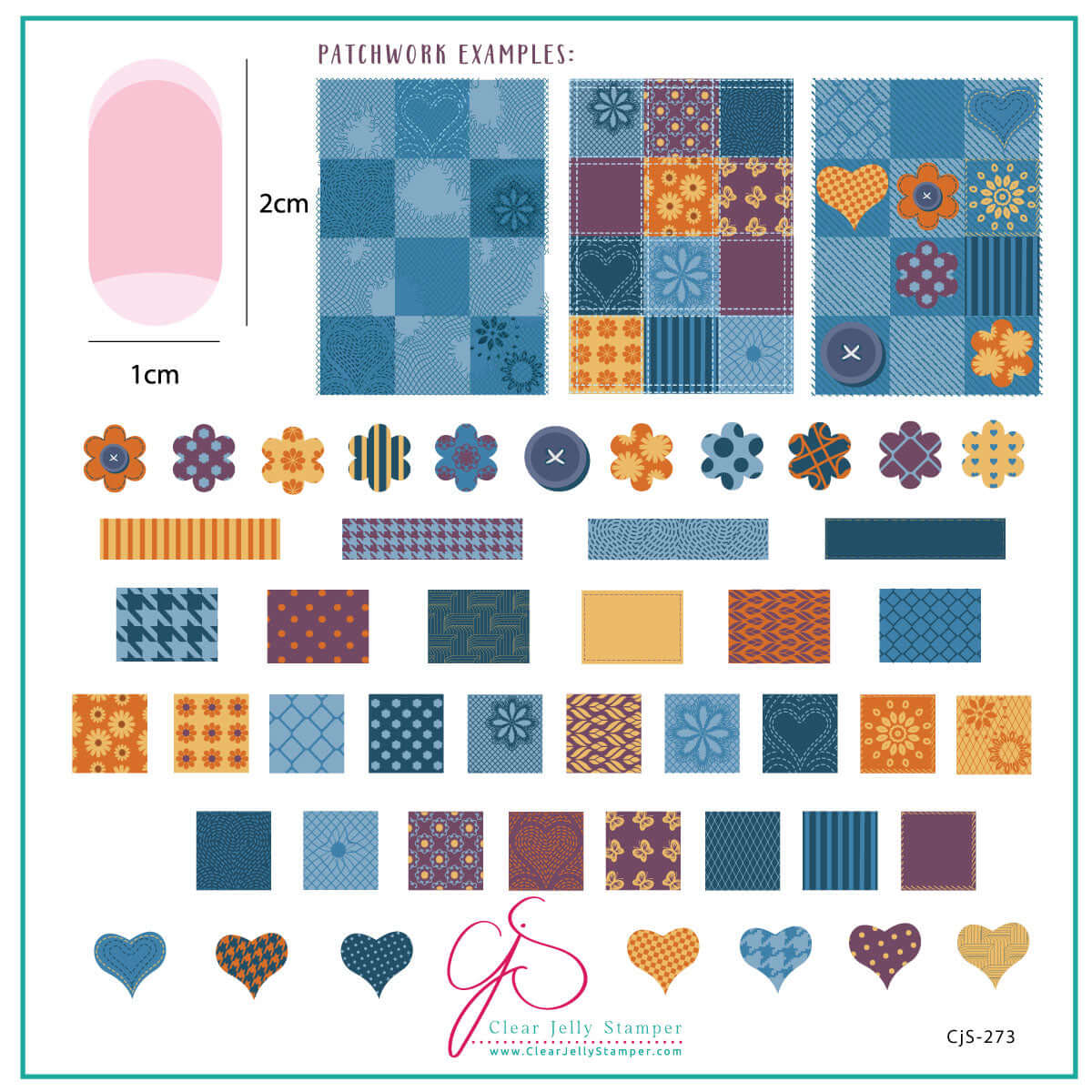 layered-nail-art-stamping-plate-inspo-card-showing-colorful-denim-patchwork-designs-patchwork-hearts-and-buttons