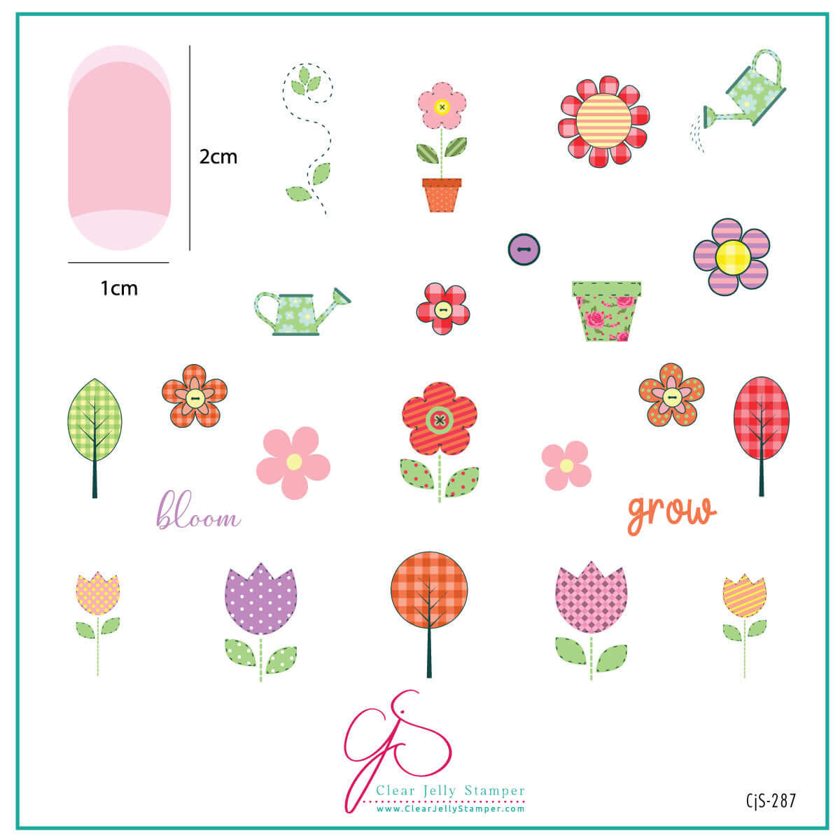 layered-nail-art-stamping-plate-inspo-card-with-colorful-designs-of-flowers-plant-pots-leaves-and-words-for-nail-art