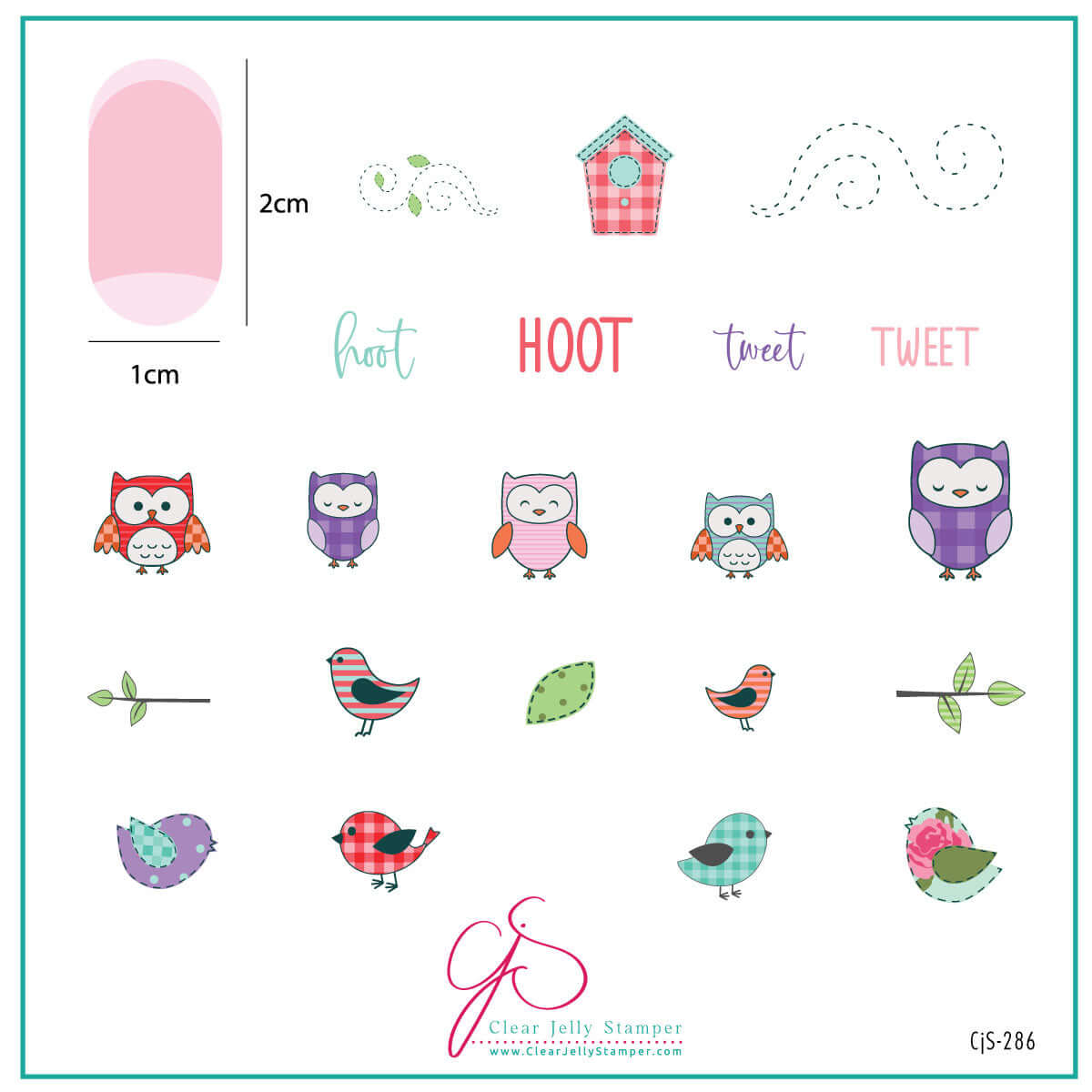 layered-nail-art-stamping-plate-inpso-card-showing-colorful-designs-of-owls-birds-and-words-for-nail-art