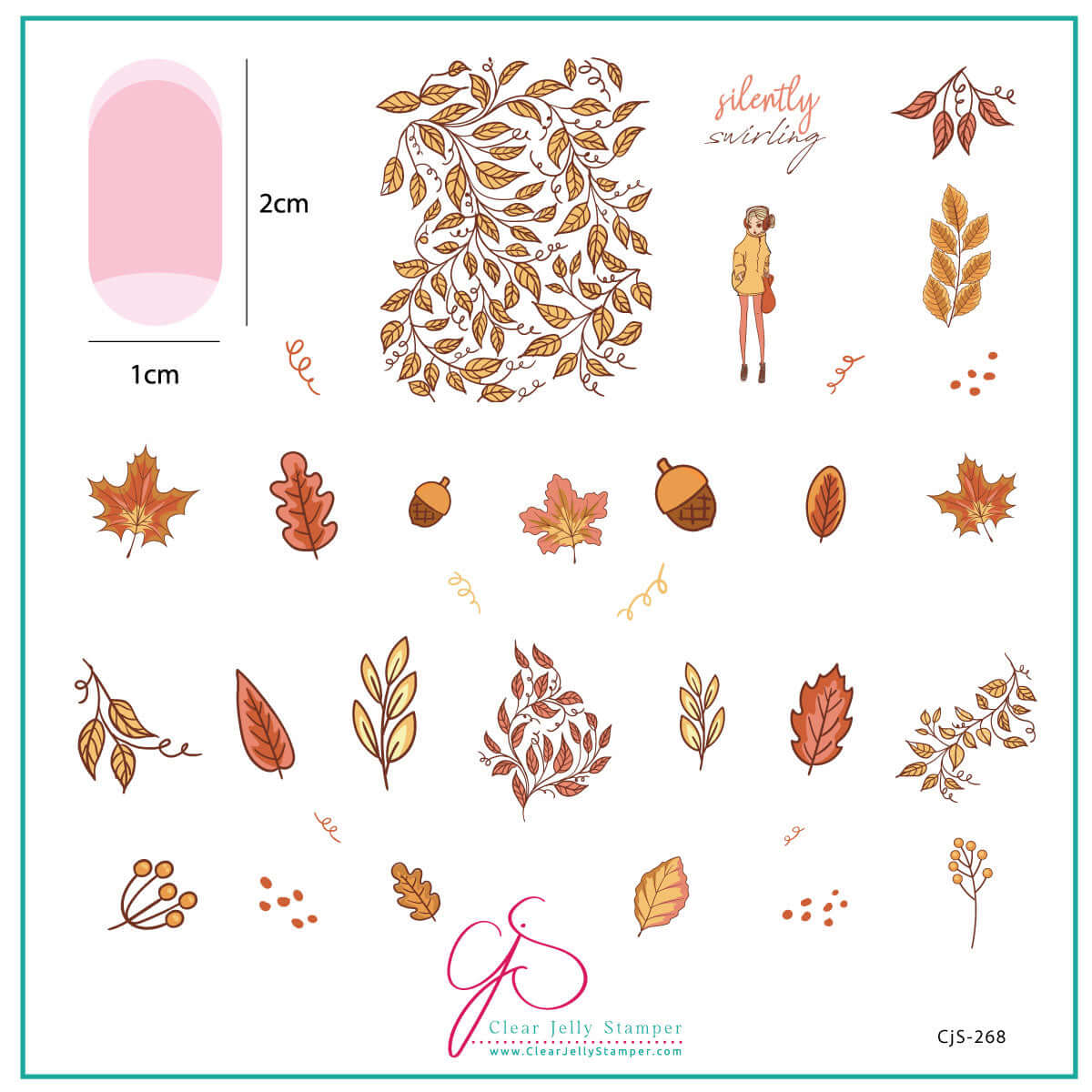 layered-nail-art-stamping-plate-inspo-card-with-colorful-designs-of-leaves-acorns-swirls-a-girl-and-words-for-nail-art