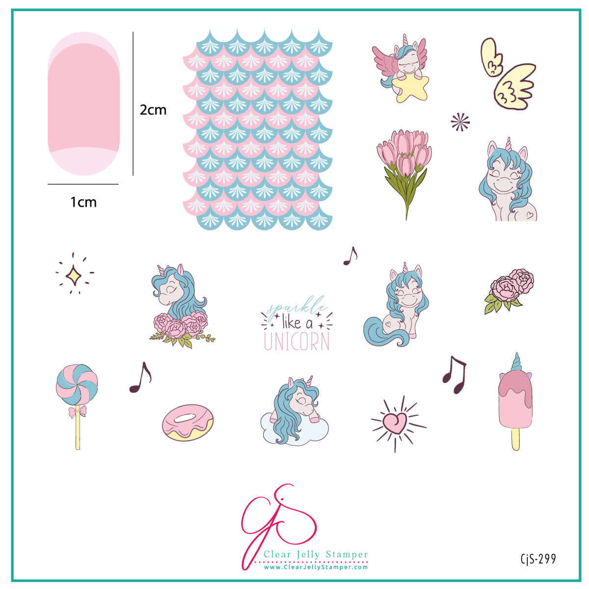 layered-nail-art-stamping-plate-inspo-card-with-colorful-designs-of-unicorns-musical-notes-and-sweet-treats