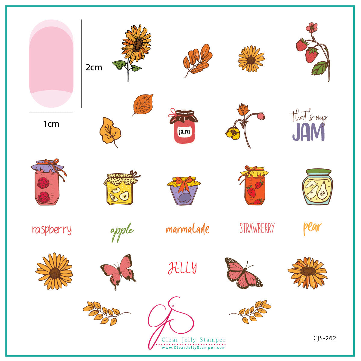 layered-nail-art-stamping-plate-inspo-card-with-colorful-designs-of-jam-jars-sunflowers-butterflies-and-words-for-nail-art