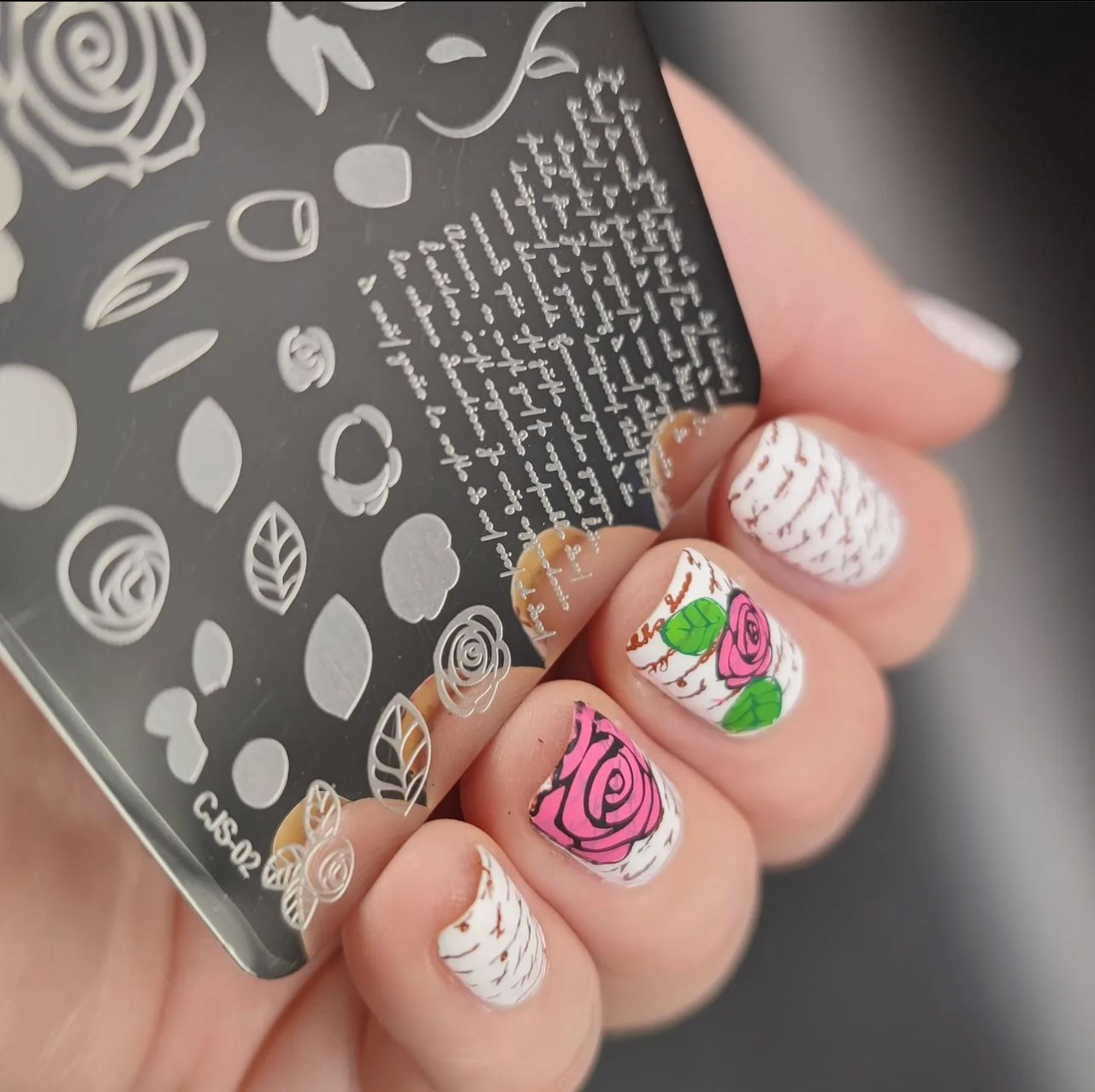 Simple Rose and Script (CjS-02) - Steel Nail Art Layered Stamping Plate