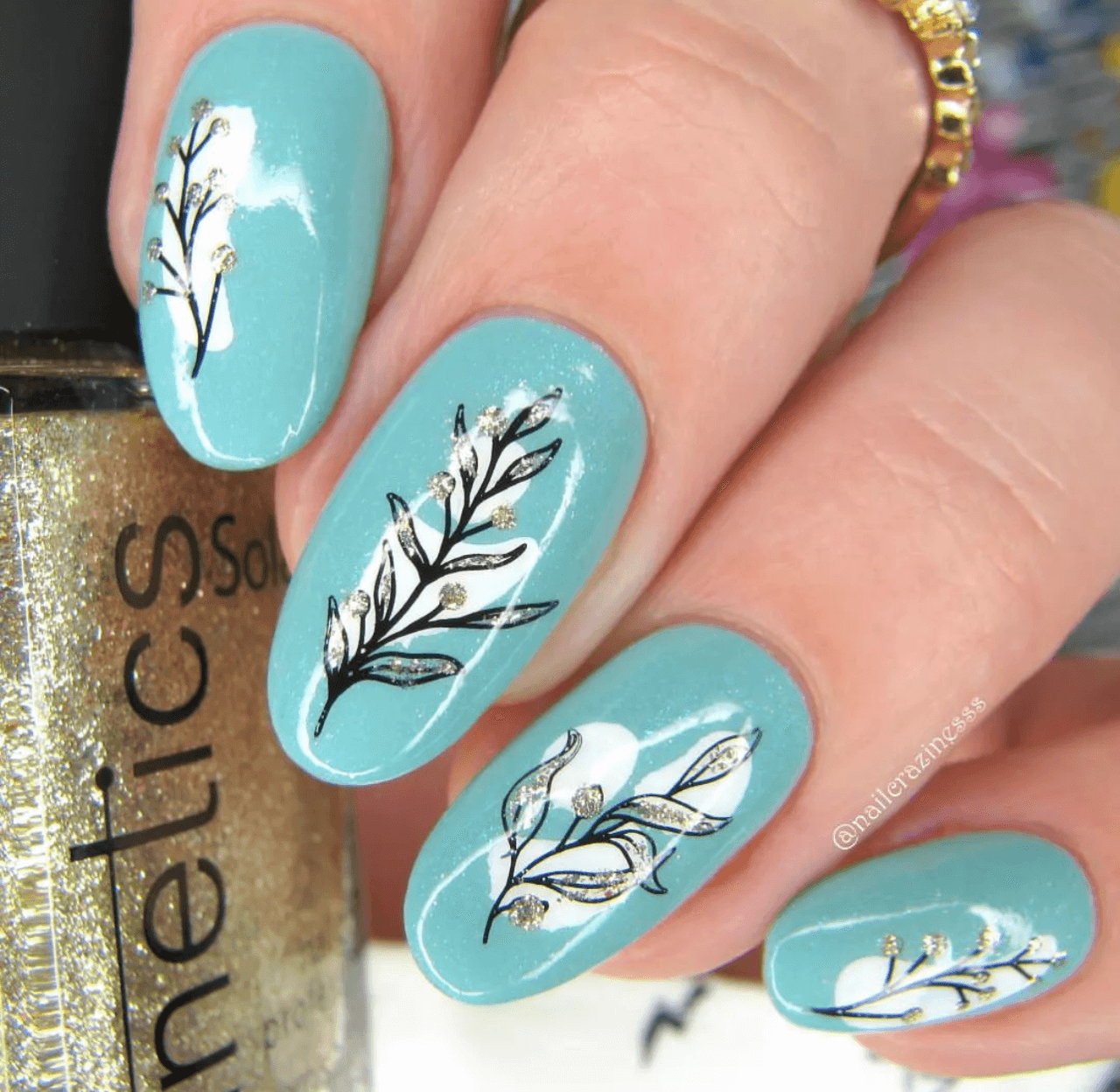 manicure-with-floral-nail-art-designs-of-shimmery-flowers-on-stalks