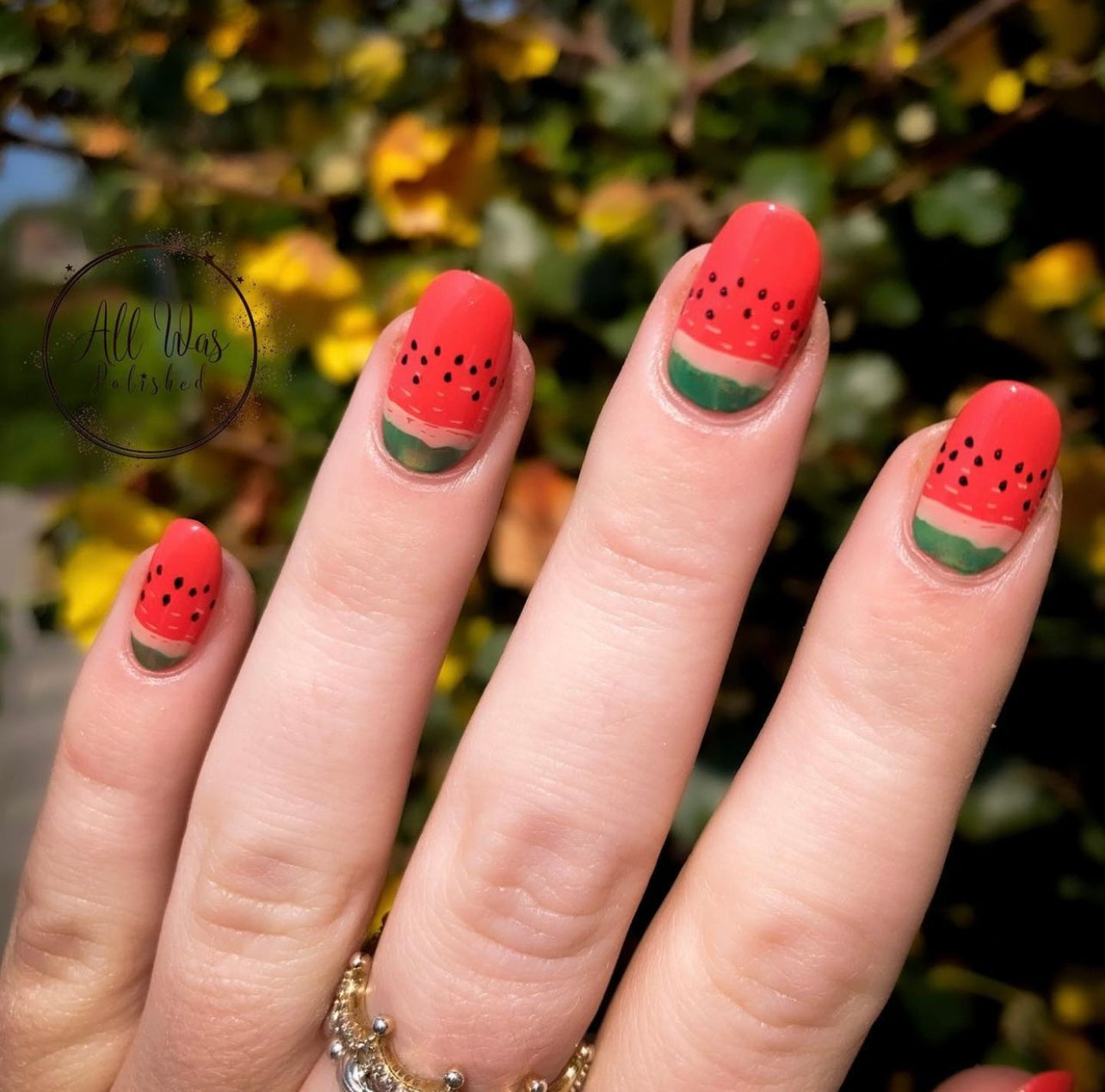 Manicure-showing-full-coverage-nail-art-designs-of-watermelons