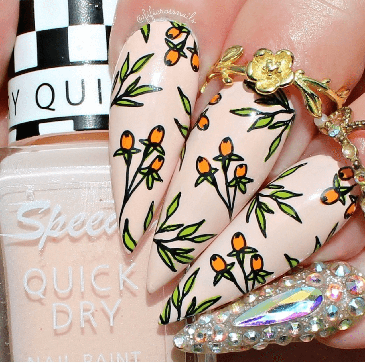 manicure-with-floral-nail-art-designs-of-flowers-on-stalks