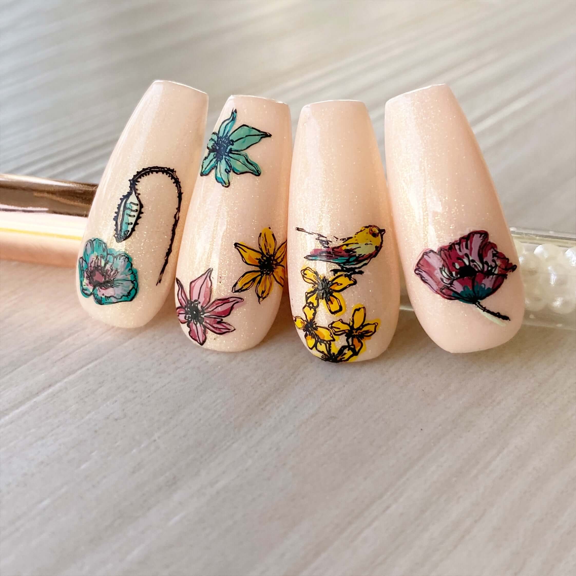 set-of-nail-tips-with-stunning-nail-art-designs-of-a-bird-and-flowers