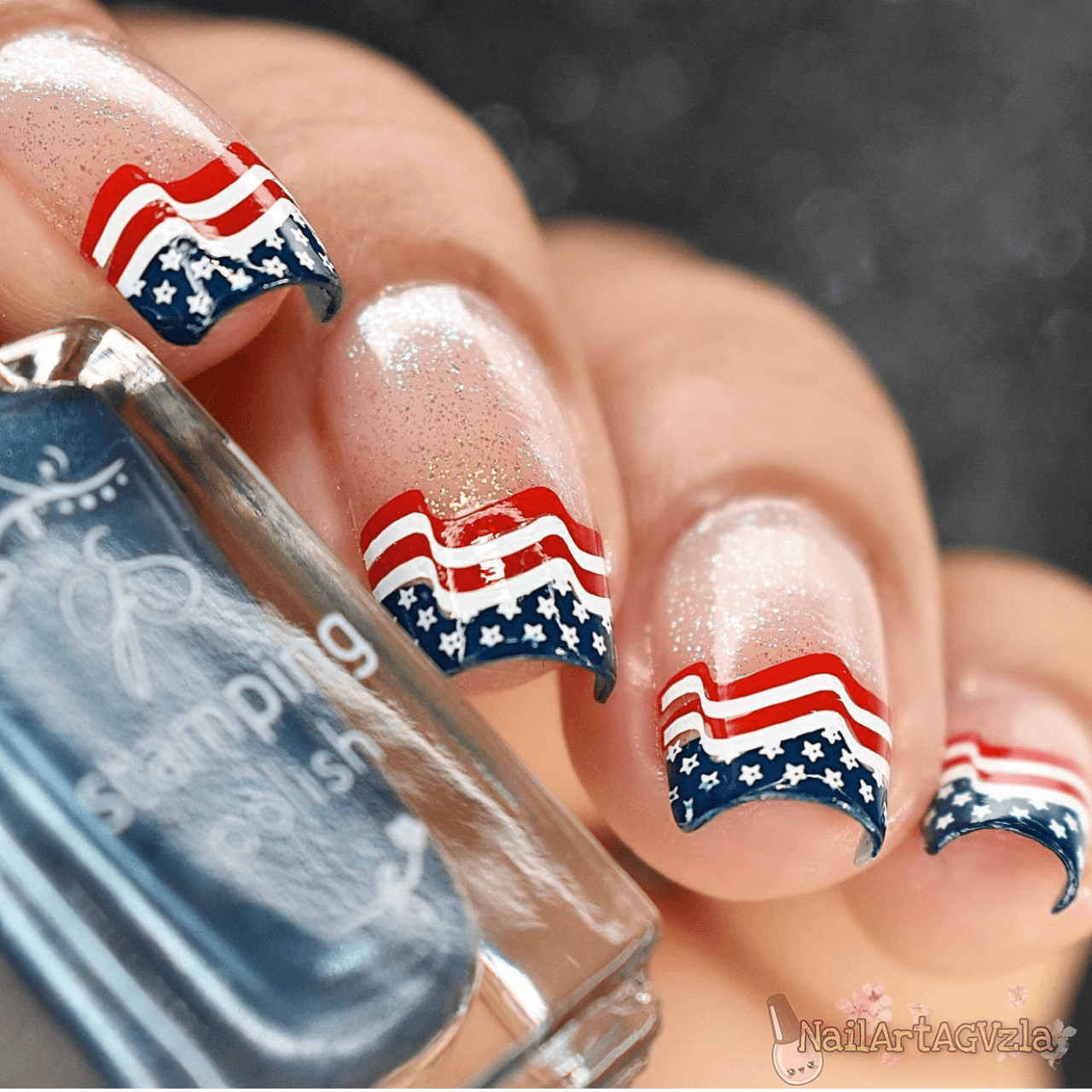 shimmery-manicure-showing-nail-art-french -tip-design-of-usa-flag