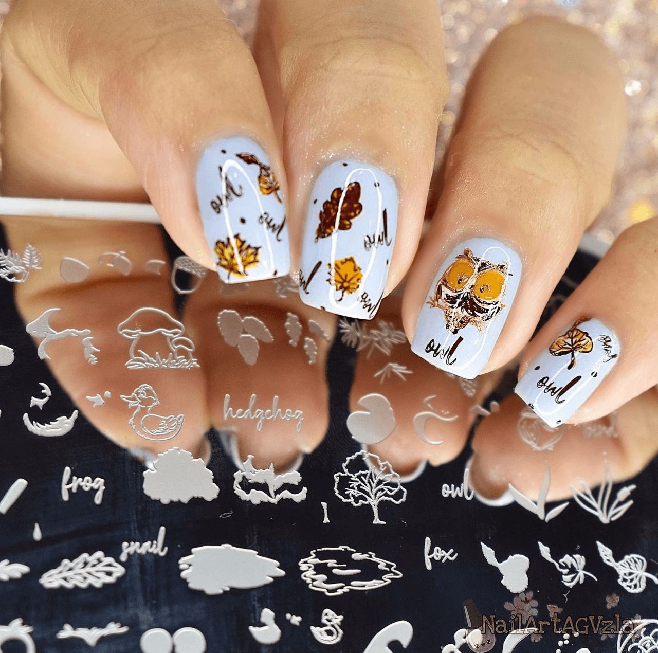 manicure-showing-nail-art-designs-of-an-owl-with-leaves