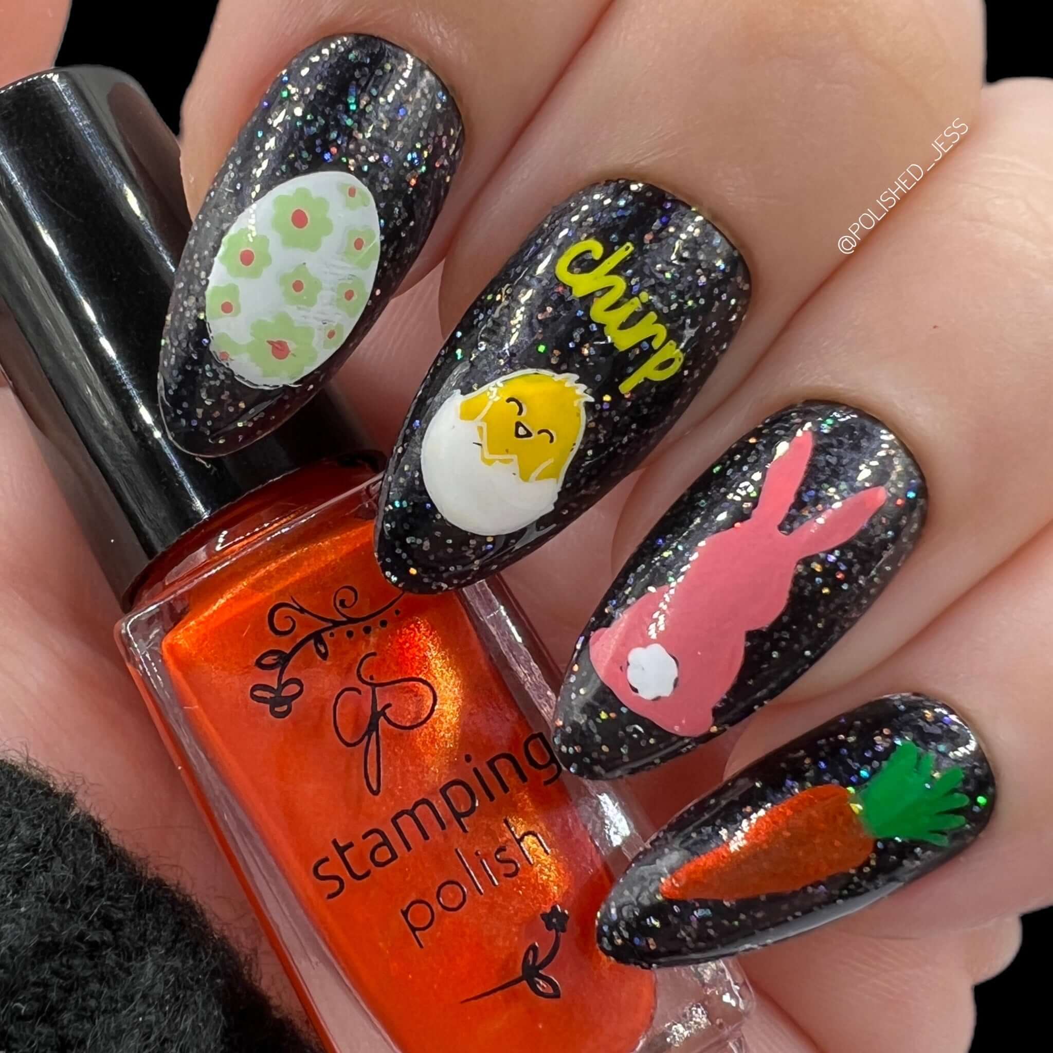 beautiful-easter-manicure-with-nail-art-designs-of-a-rabbit-carrot-chicks-and-the-word-chirp