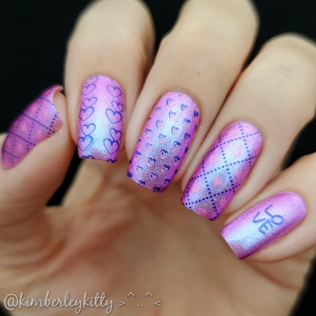 shimmery-manicure-with-full-coverage-nail art-heart-designs-and-letters-l-o-v-e